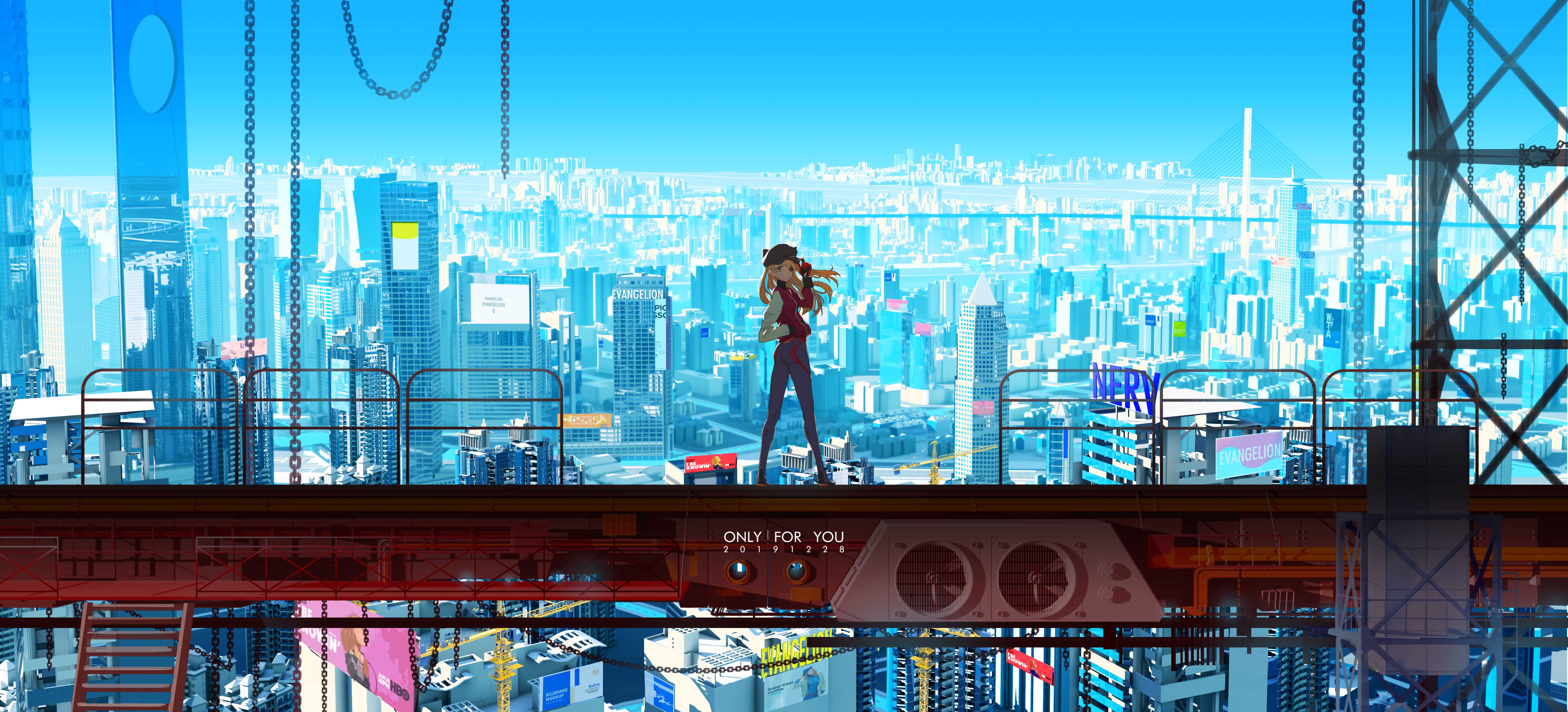 Anime Anime Girls Neon Genesis Evangelion Asuka Langley Shikinami Cyan 6600x3000