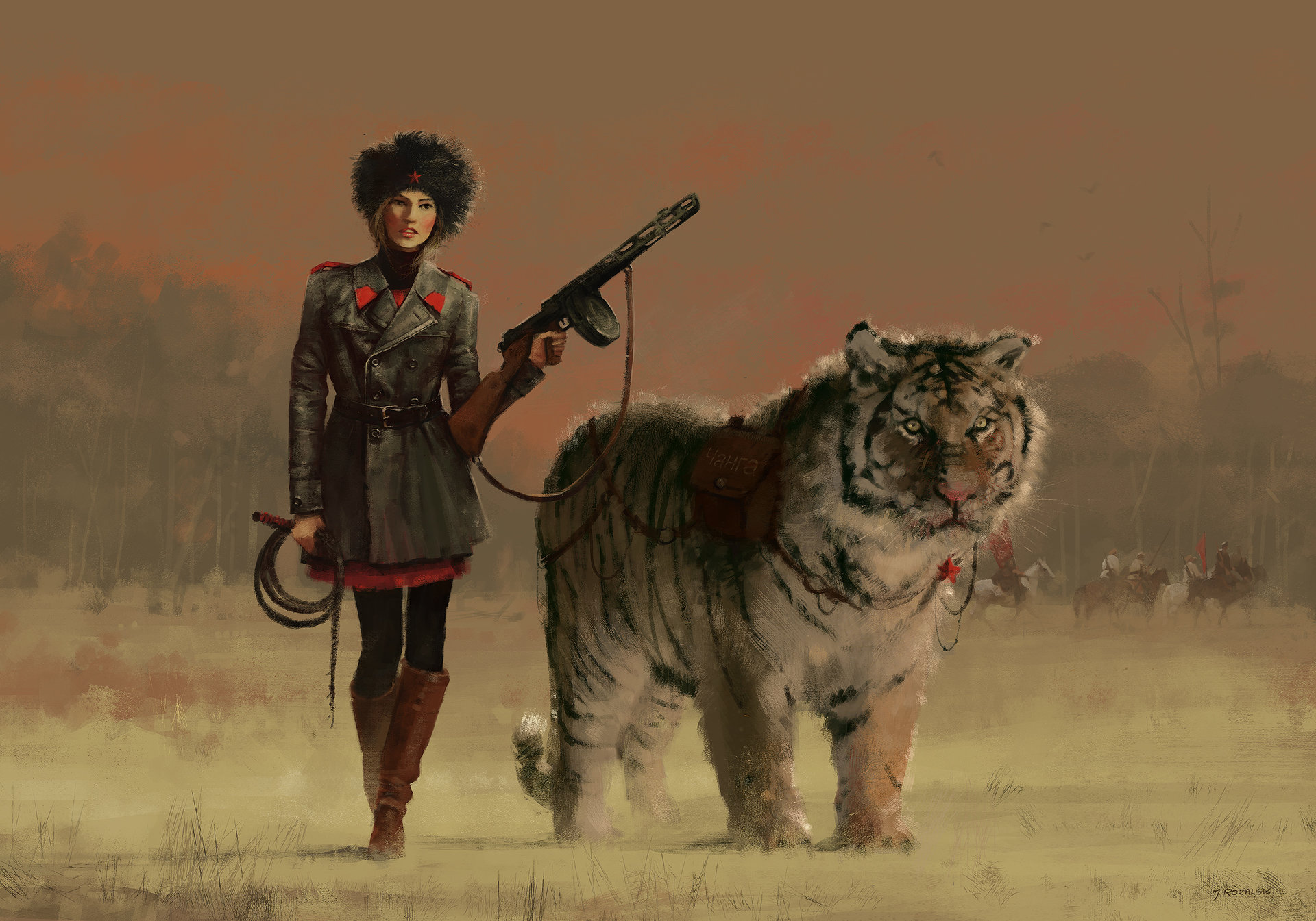 Illustration Russian Women Tiger Digital Art PPSh 41 Girls With Guns Board Games Jakub Ro Alski 1920x1345