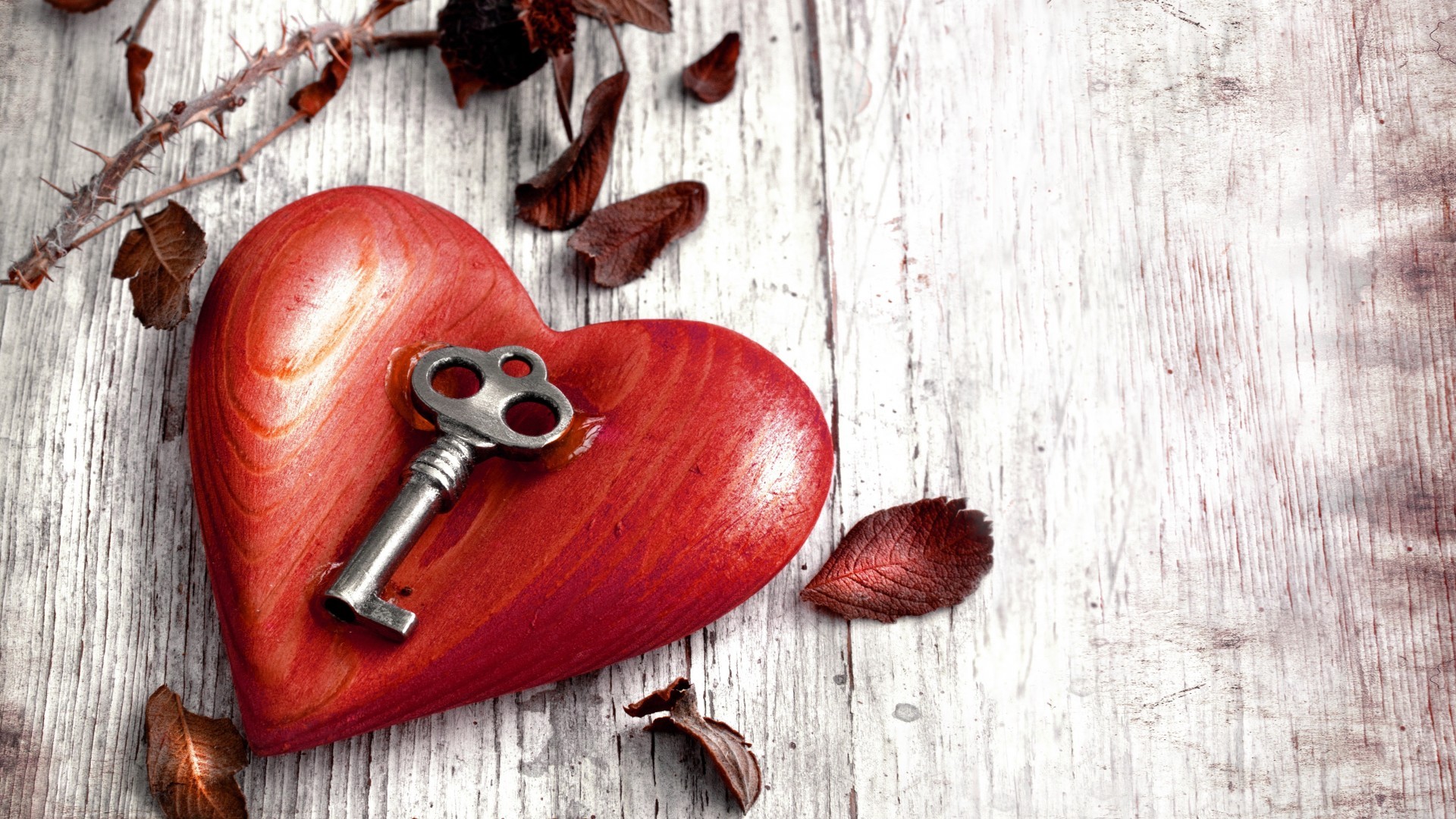 Love Heart Keys Metal Wooden Surface 1920x1080