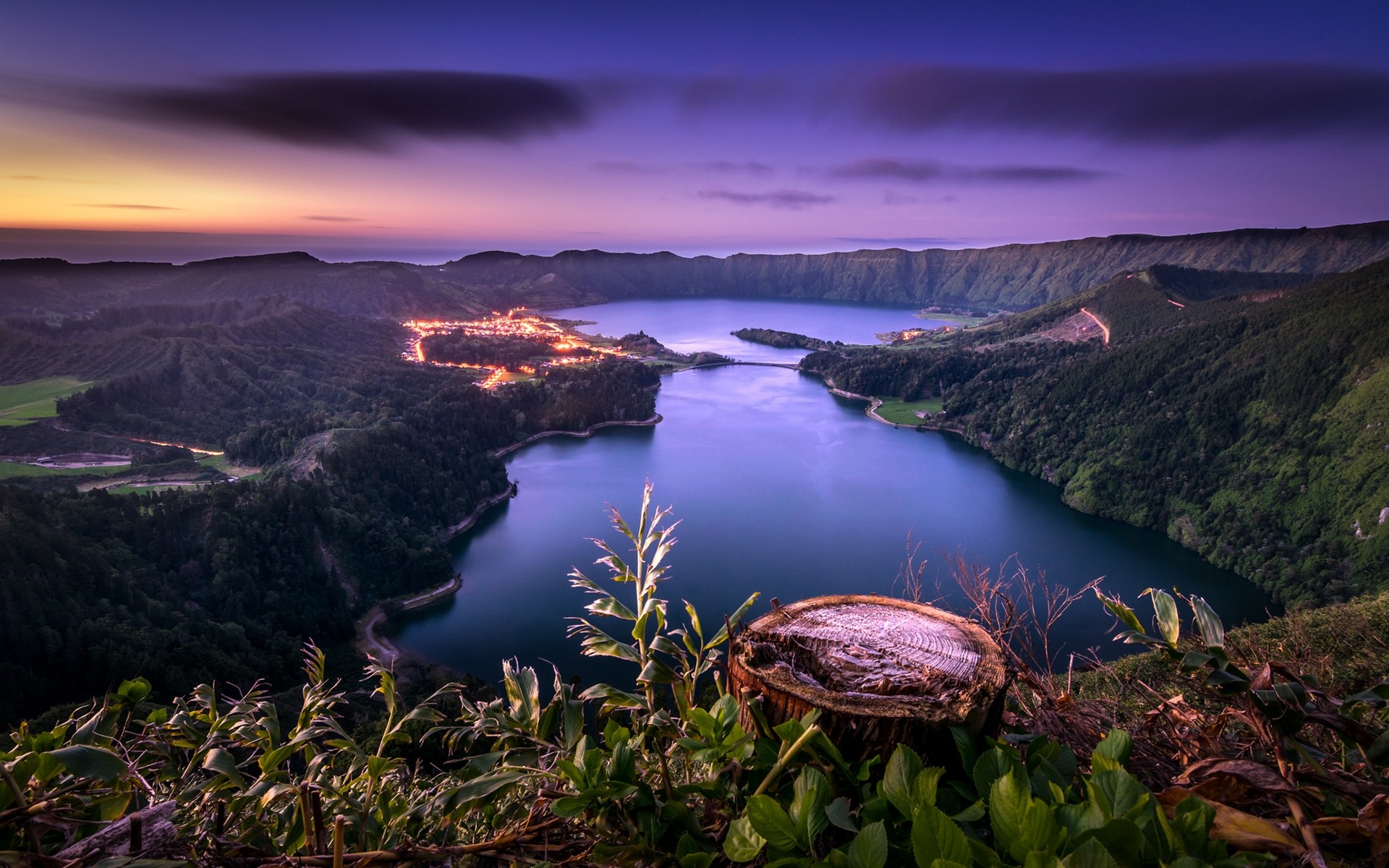 Nature Landscape Sunset Lake Forest Azores Portugal Island Lights Water Leaves Road 1920x1200