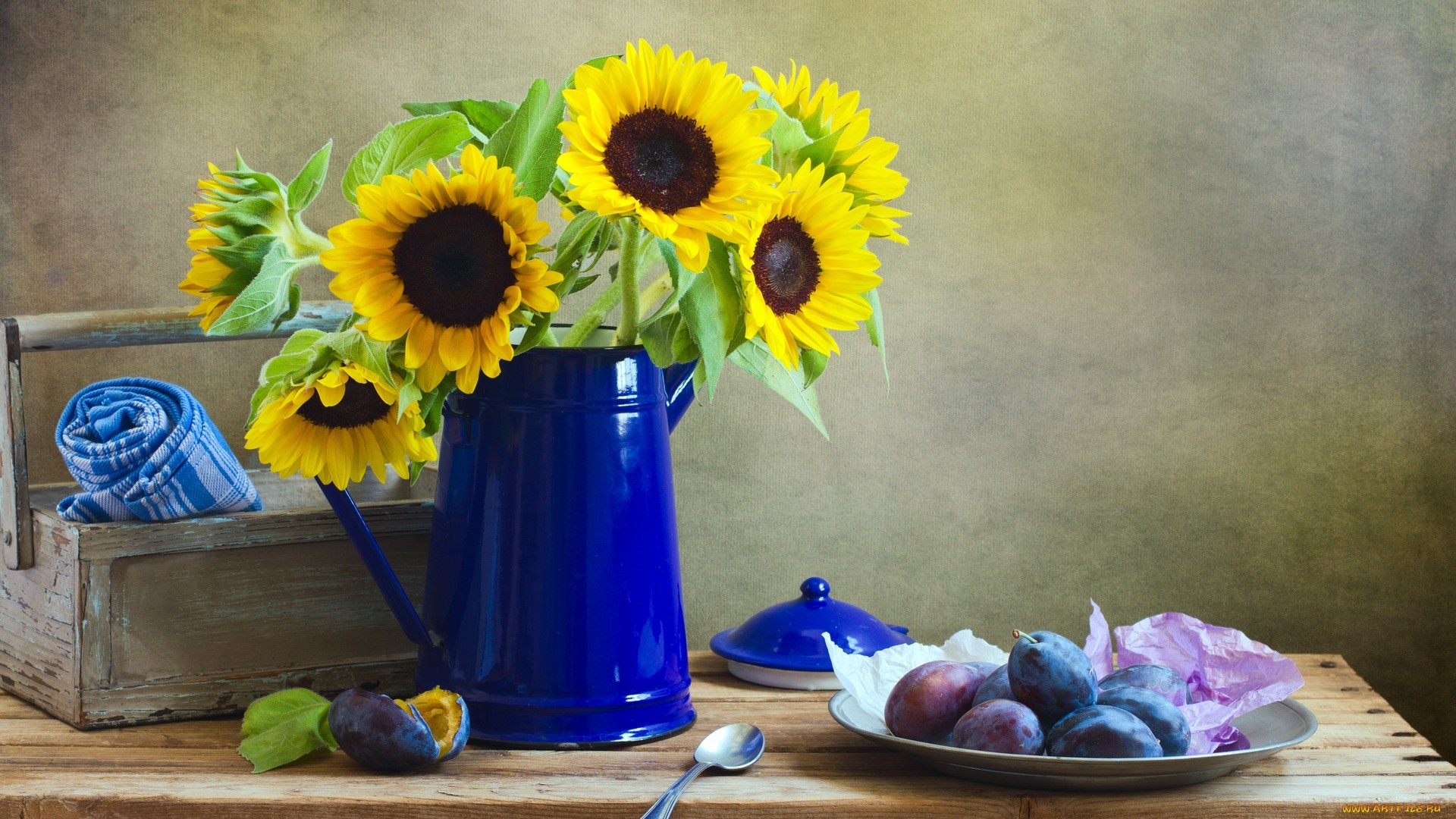 Sunflowers Fruit Food Yellow Flowers Plants Spoon Still Life Vibrant Plums Fruits 1920x1080