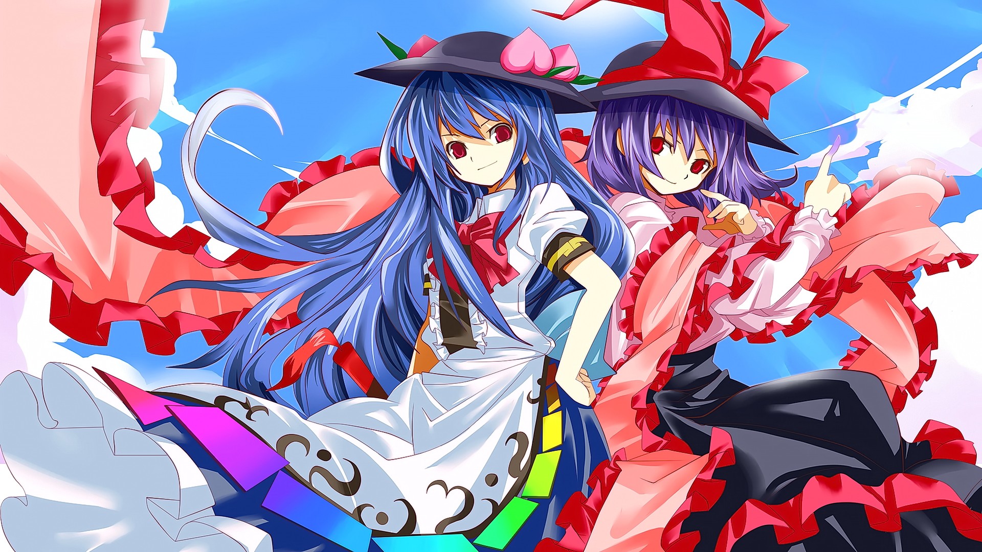 Anime Anime Girls Blue Hair Short Hair Red Eyes Looking At Viewer Hat Sky Clouds Smiling Touhou Hina 1920x1080