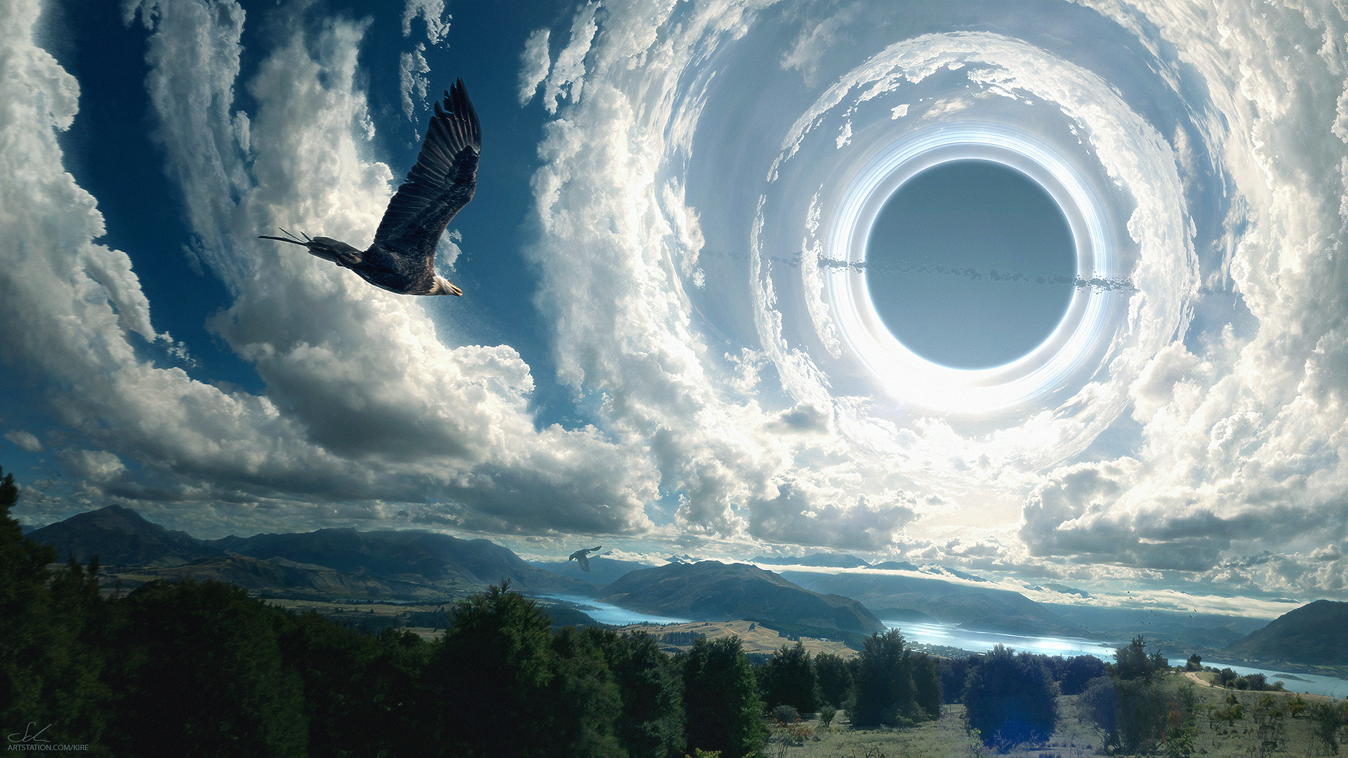 Erik Shoemaker Digital Art Artwork Clouds Birds Sky Trees Fantasy Art Eagle Black Holes 1920x1080