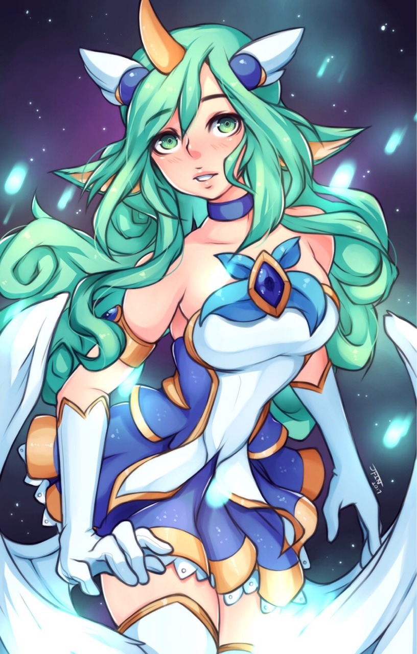 Soraka League Of Legends League Of Legends Star Guardian Soraka Horns Wings Green Hair Cyan Hair 816x1280