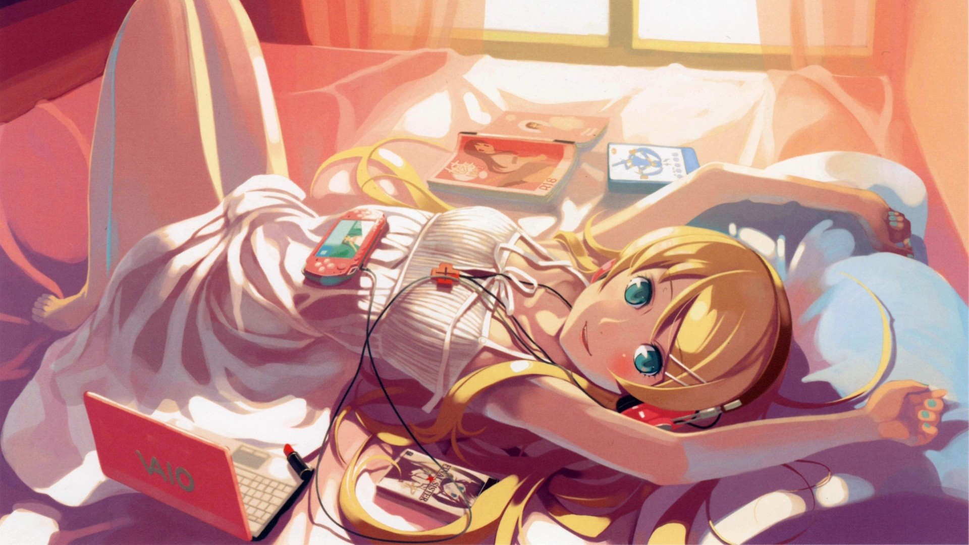 Anime Girls VAiO Laptop Blue Eyes Lying Down Dress White Dress Legs Legs Together Painted Nails Head 1920x1080