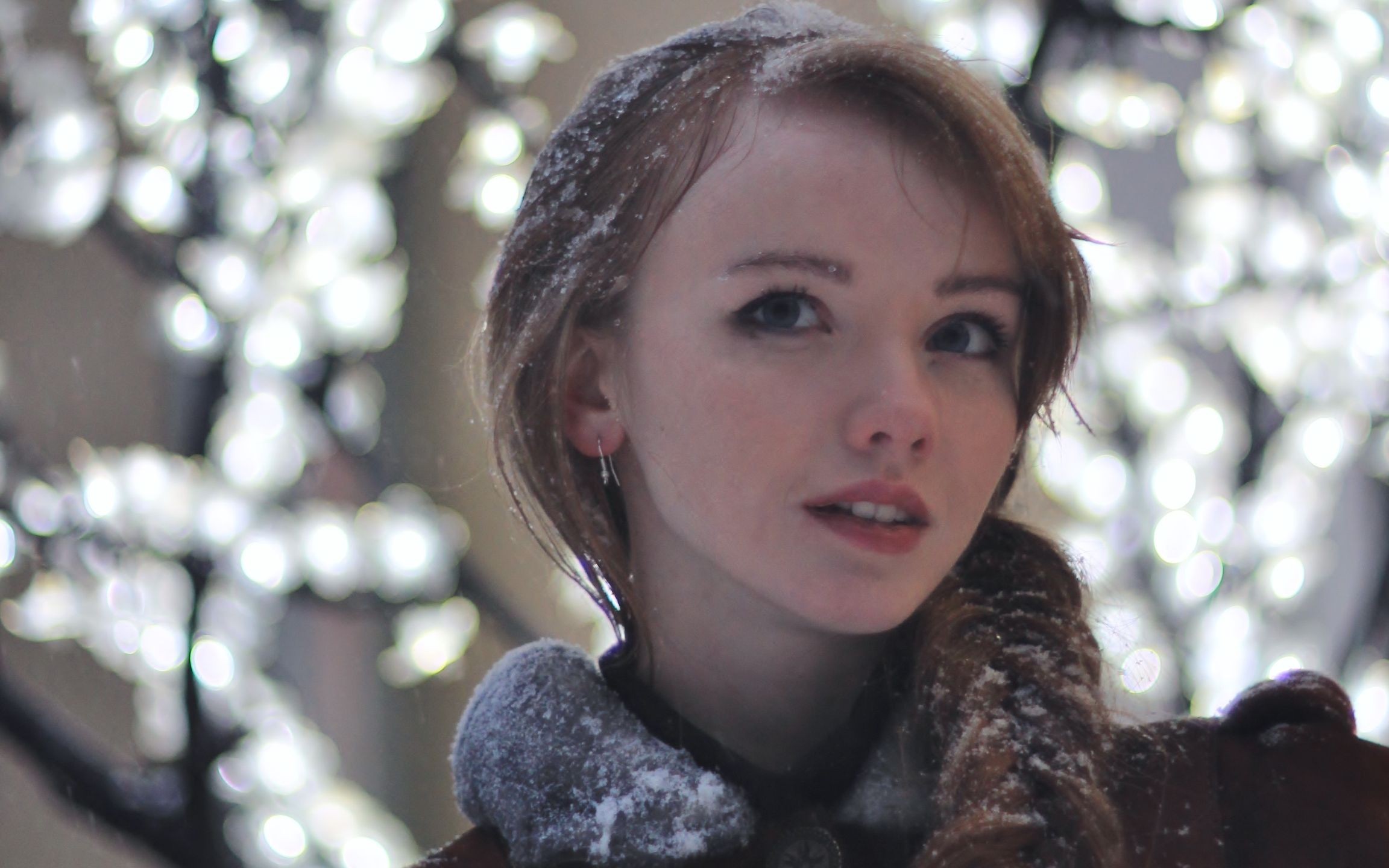 Olesya Kharitonova Women Redhead Blue Eyes Snow Model Winter Face Cold Brown Coat Coats