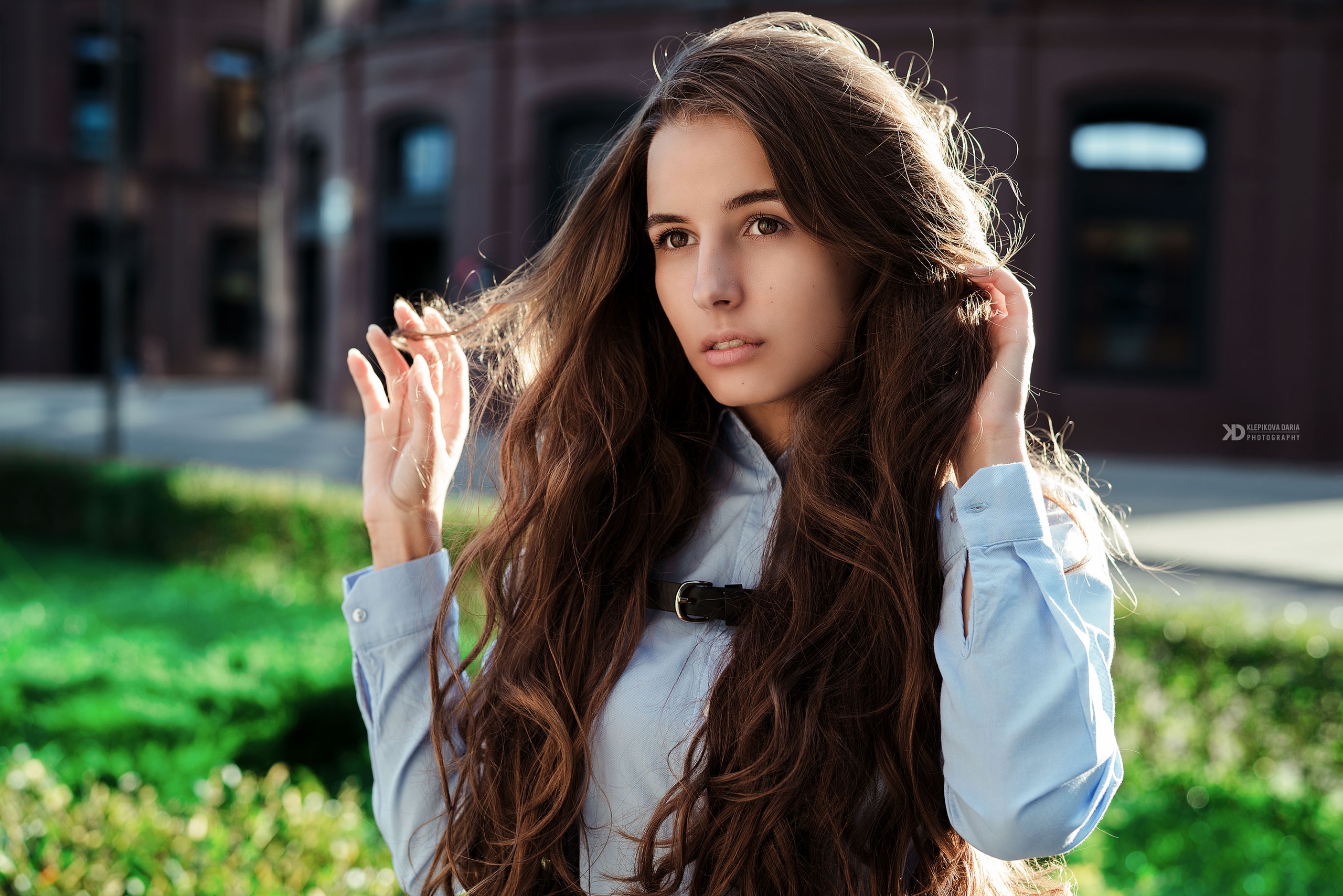 Women Model Brunette Long Hair Touching Hair Brown Eyes Looking Away Portrait Outdoors Shirt Depth O 2560x1708