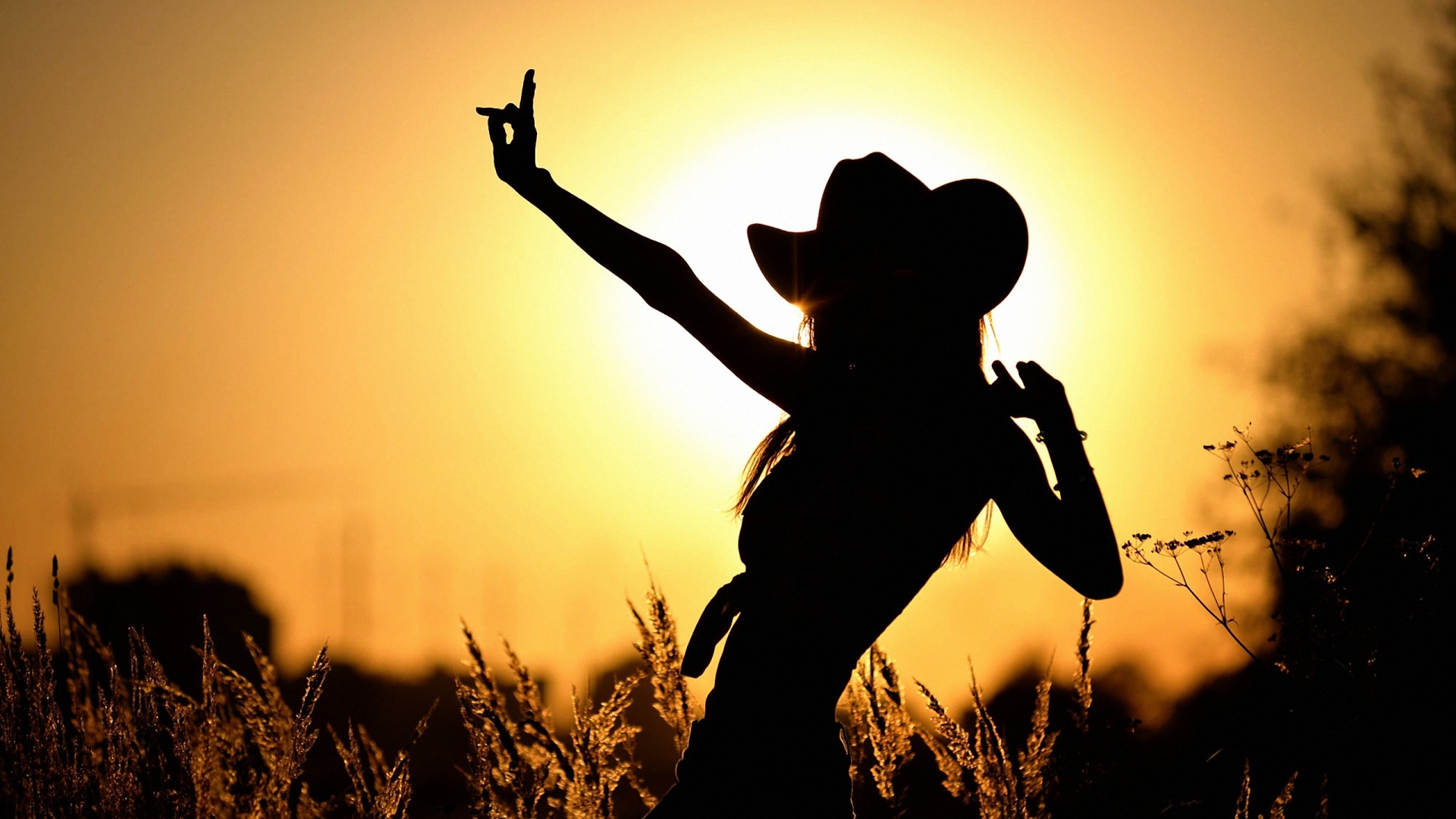 Nature Silhouette Women Cowboy Hats Sun Plants Depth Of Field Trees Long Hair Sun Rays Arms Up 1920x1080