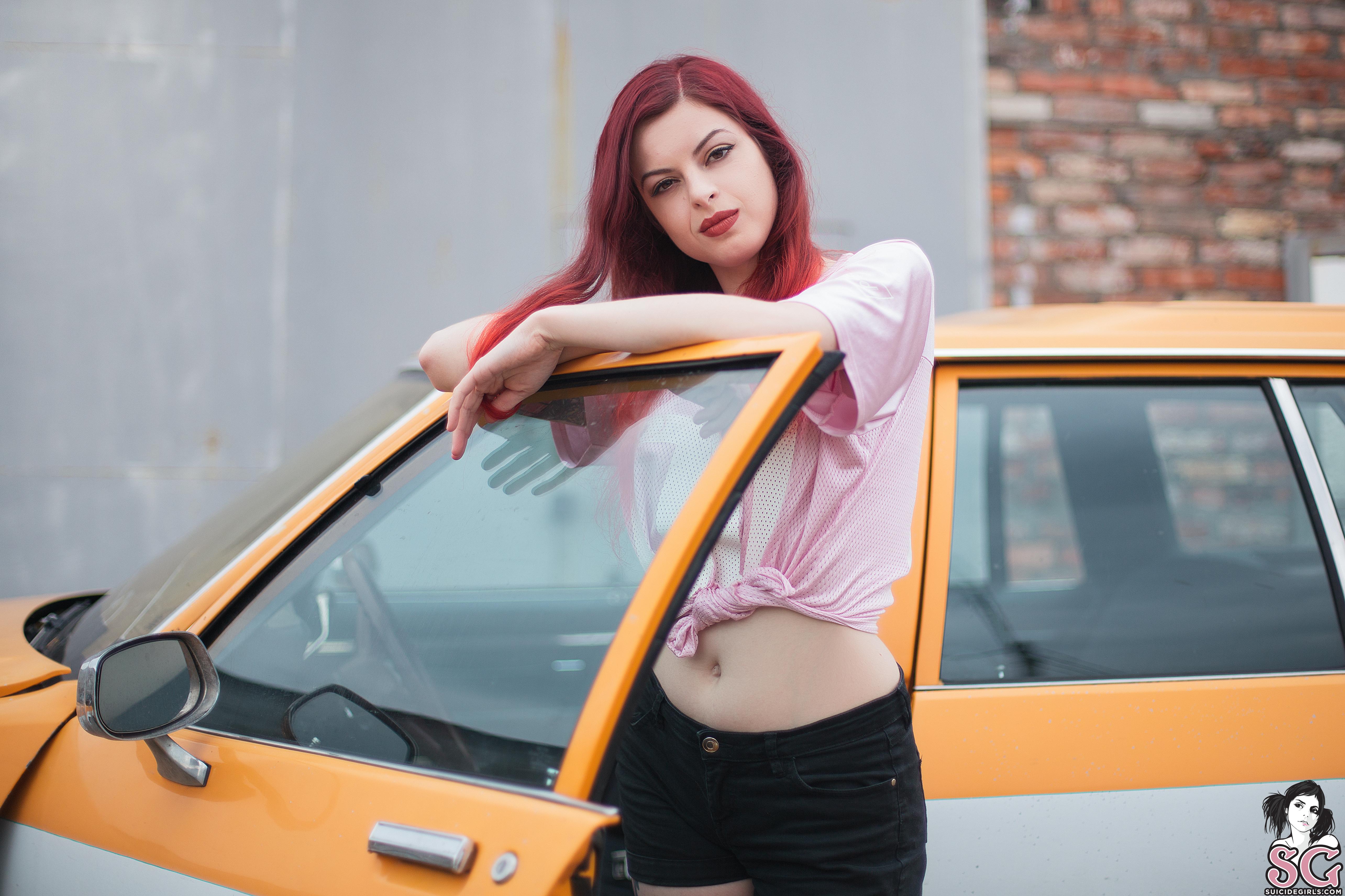 Tattoo Outdoors Model Readhead Dyed Hair Yellow Cars Red Lipstick Women 5137x3424