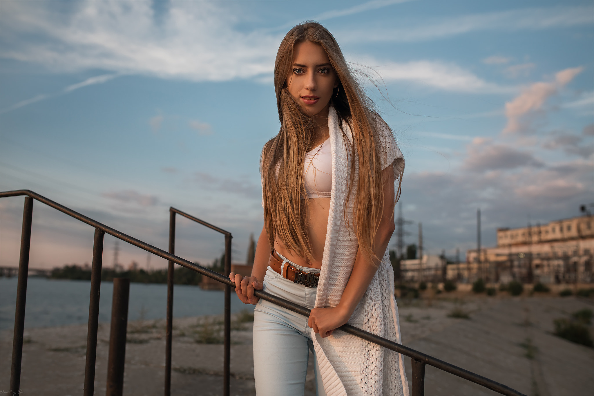 Women Blonde Jeans White Tops Long Hair Sky Women Outdoors Viktoria Babkina Victoria Dmitry Shulgin 2048x1365