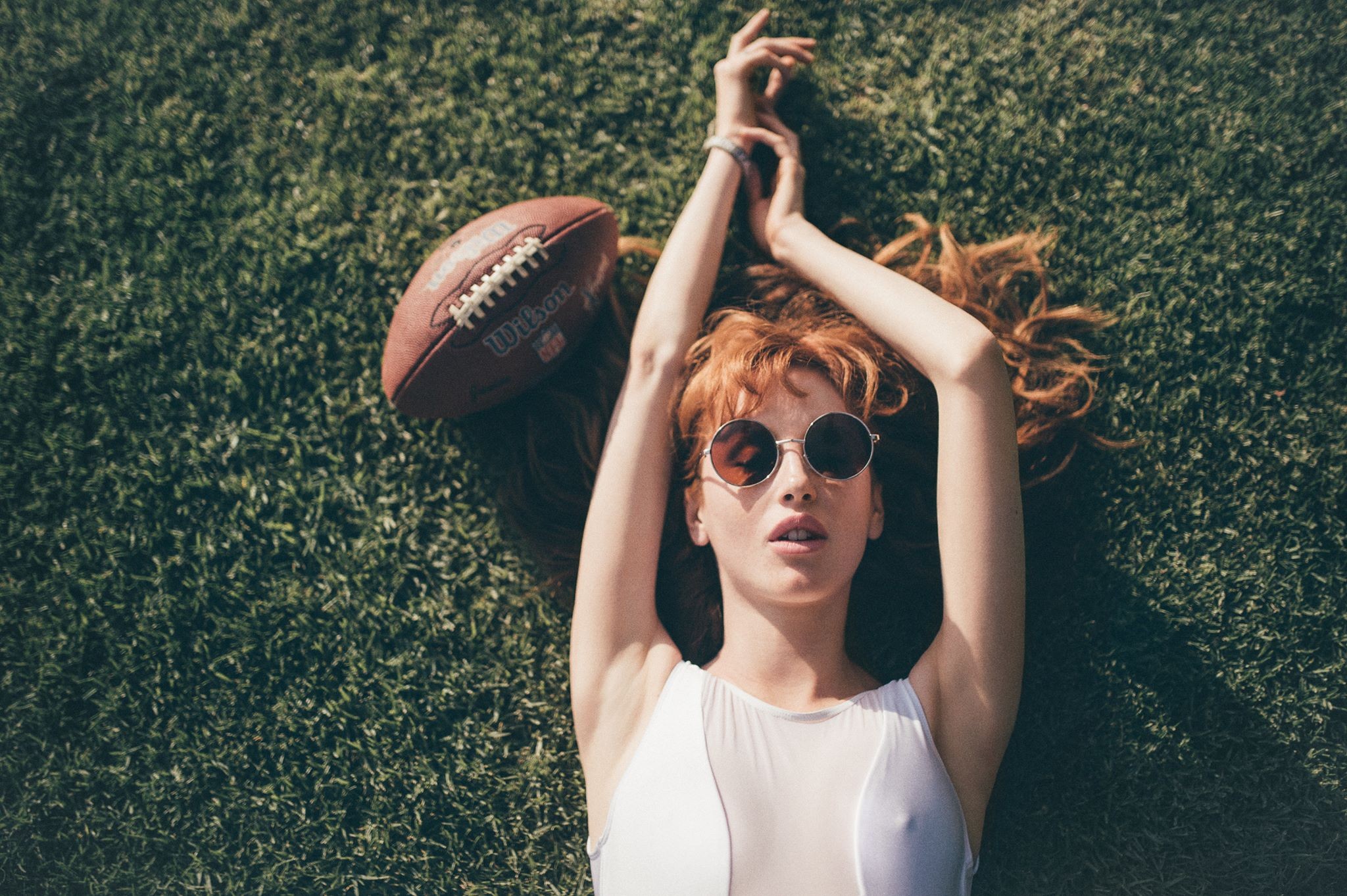 Women Model Redhead Sunglasses Grass American Football 2048x1363