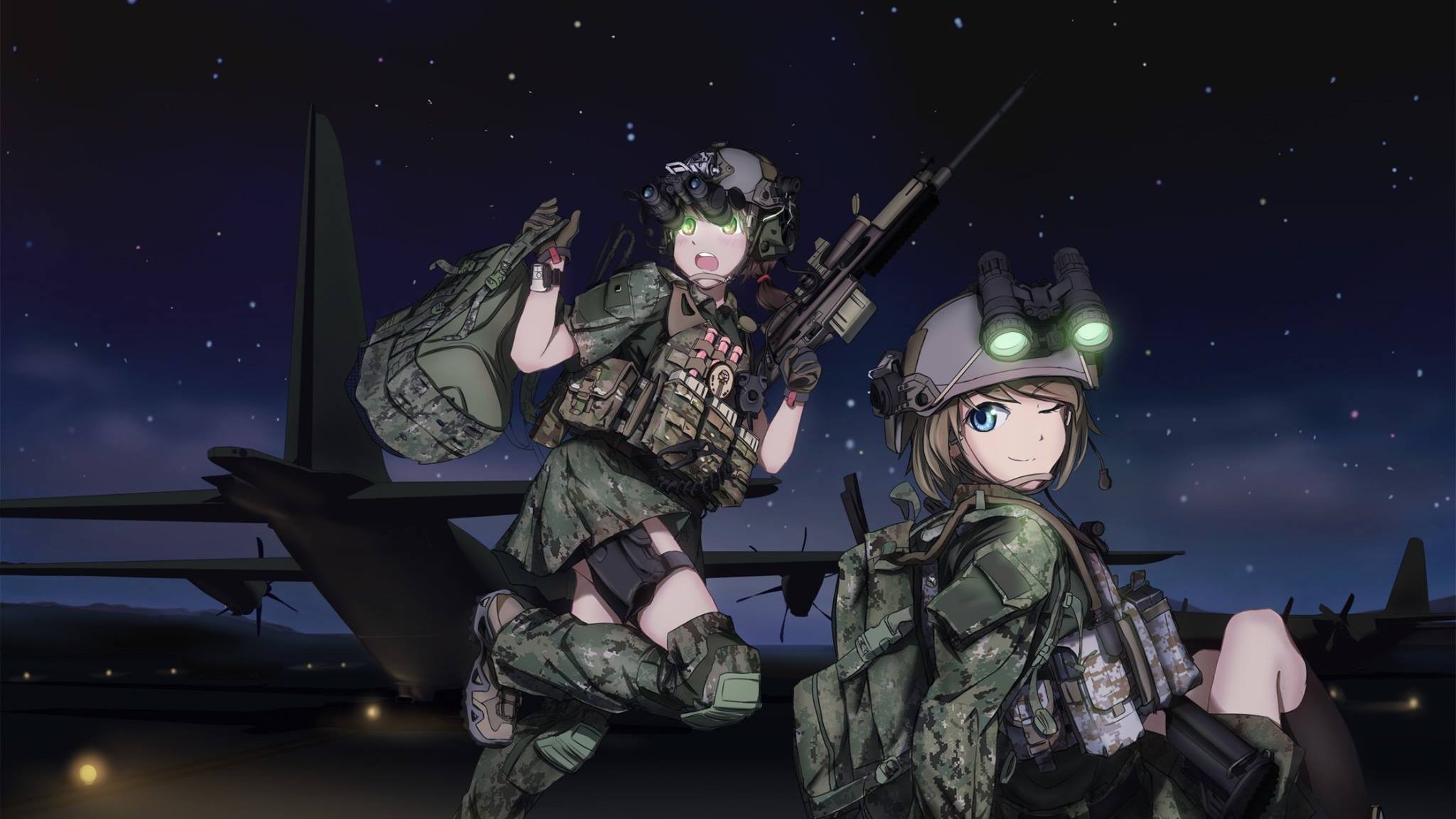 Night Soldier Night Vision Goggles Weapon Anime Girls 2048x1152
