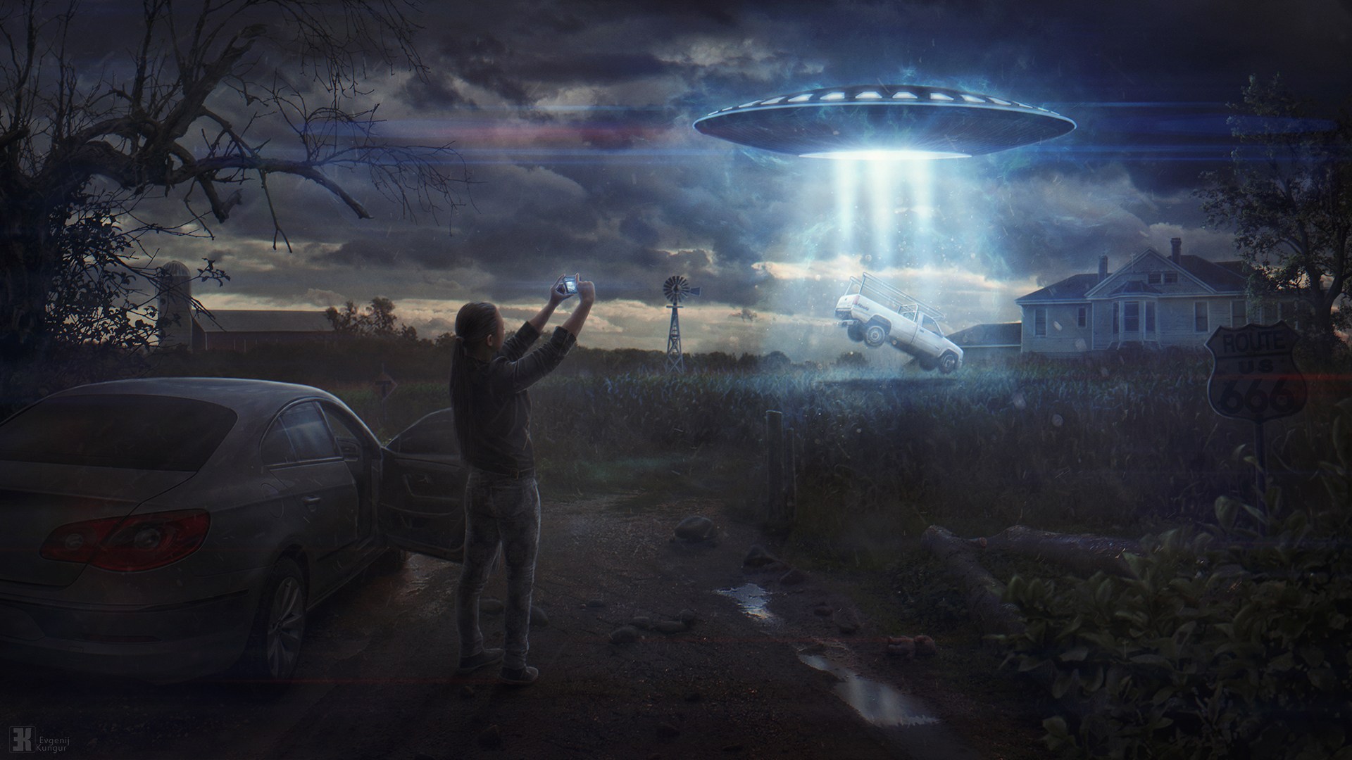 Evgenij Kungur UFO Car Digital Art Clouds Rural Alien Abduction Science Fiction Volkswagen CC Number 1920x1080
