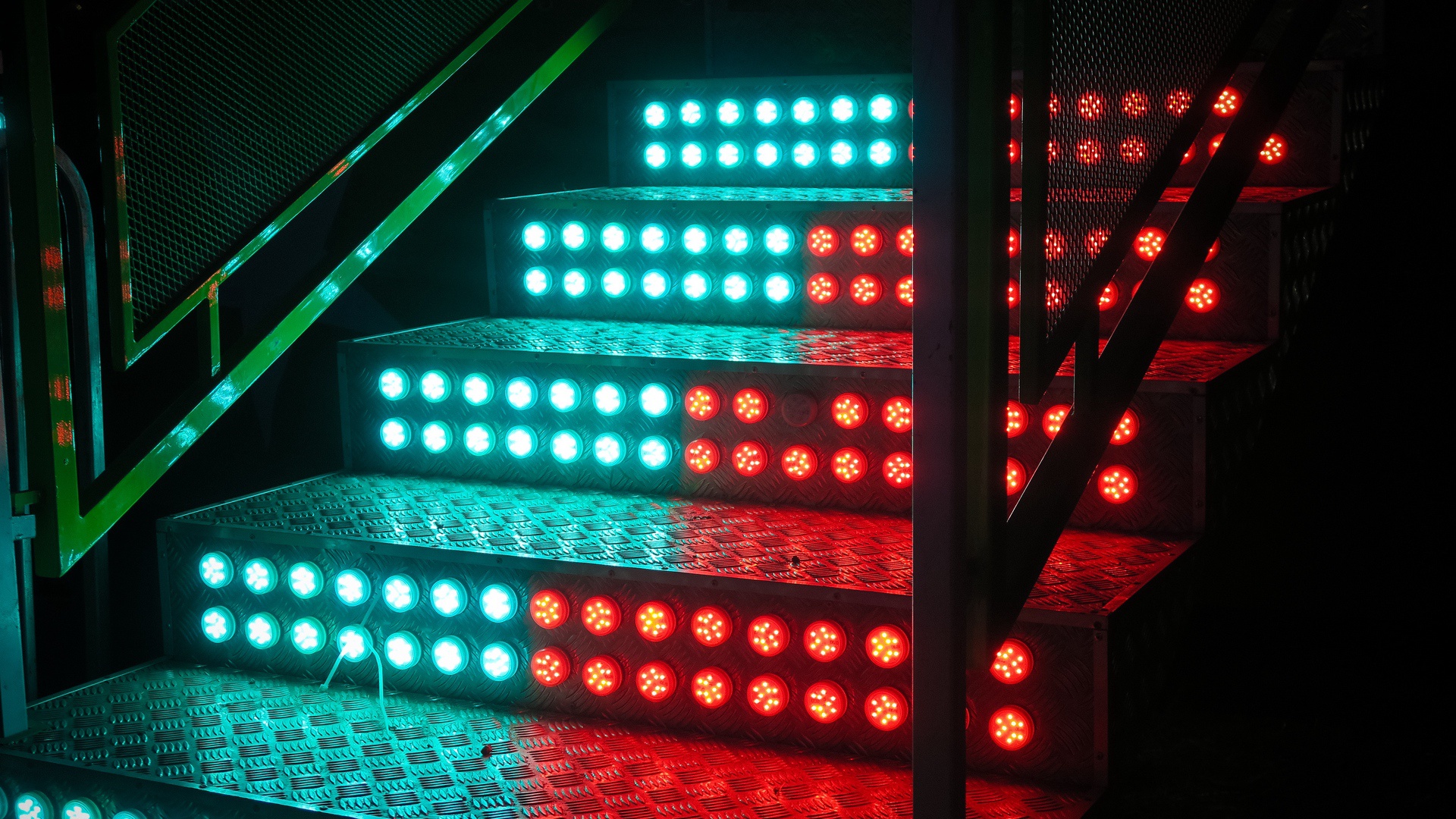 Metal Stairs Lights Red Light Blue Light Red Blue Contrast LEDs 1920x1080