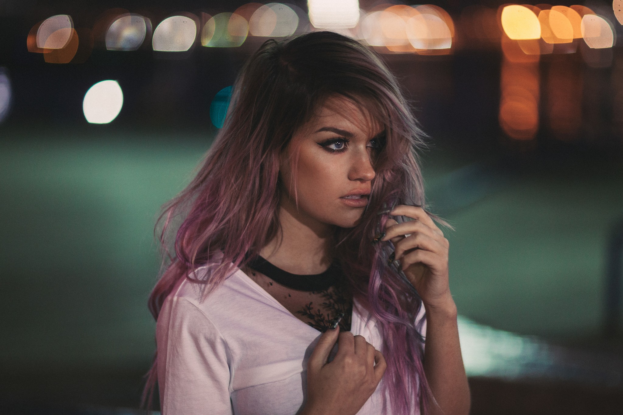 Women Ruby James Dyed Hair Multicolored Hair Looking Away Blue Eyes Bokeh Samantha Ravndahl 2048x1365