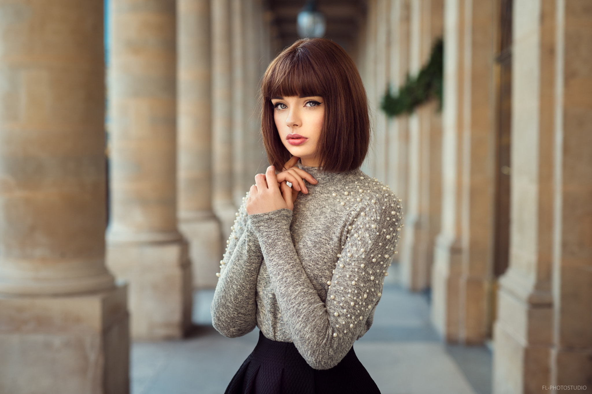 Marie Grippon Women Model Lods Franck Portrait Blue Eyes Grey Sweater Black Skirts Short Hair Brunet 2048x1365