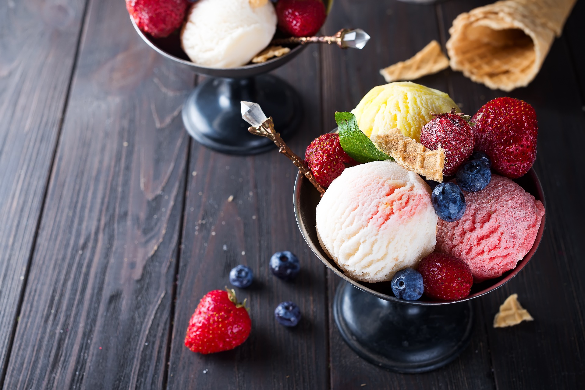Sweets Fruit Food Waffle Ice Cream Blueberries Strawberries Raspberries Mint Leaves Wooden Surface I 1920x1282