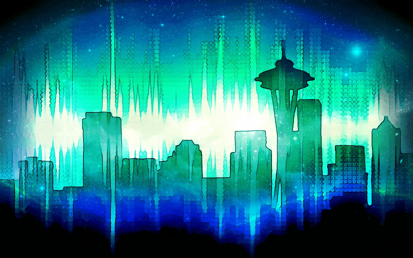 Seattle Cityscape Skyline Blue Green Stars Space Needle 1440x900