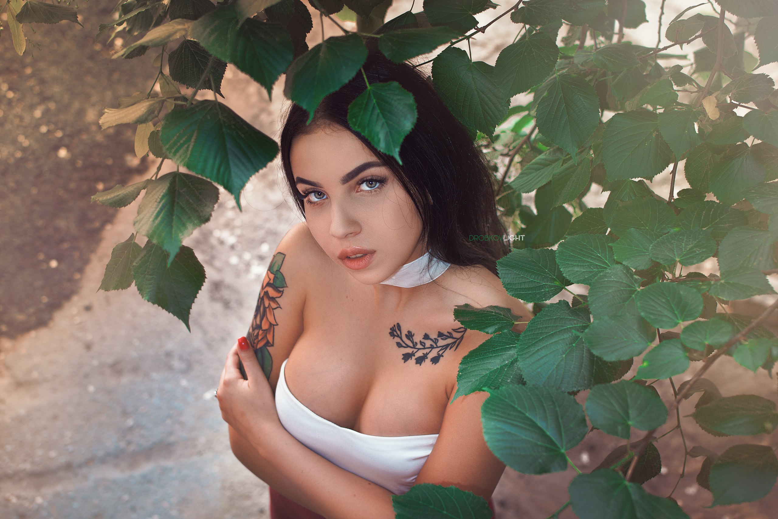 Women Brunette Women Outdoors Face Bare Shoulders Tattoo Leaves Tanned Alexander Drobkov Angelina So 2560x1707