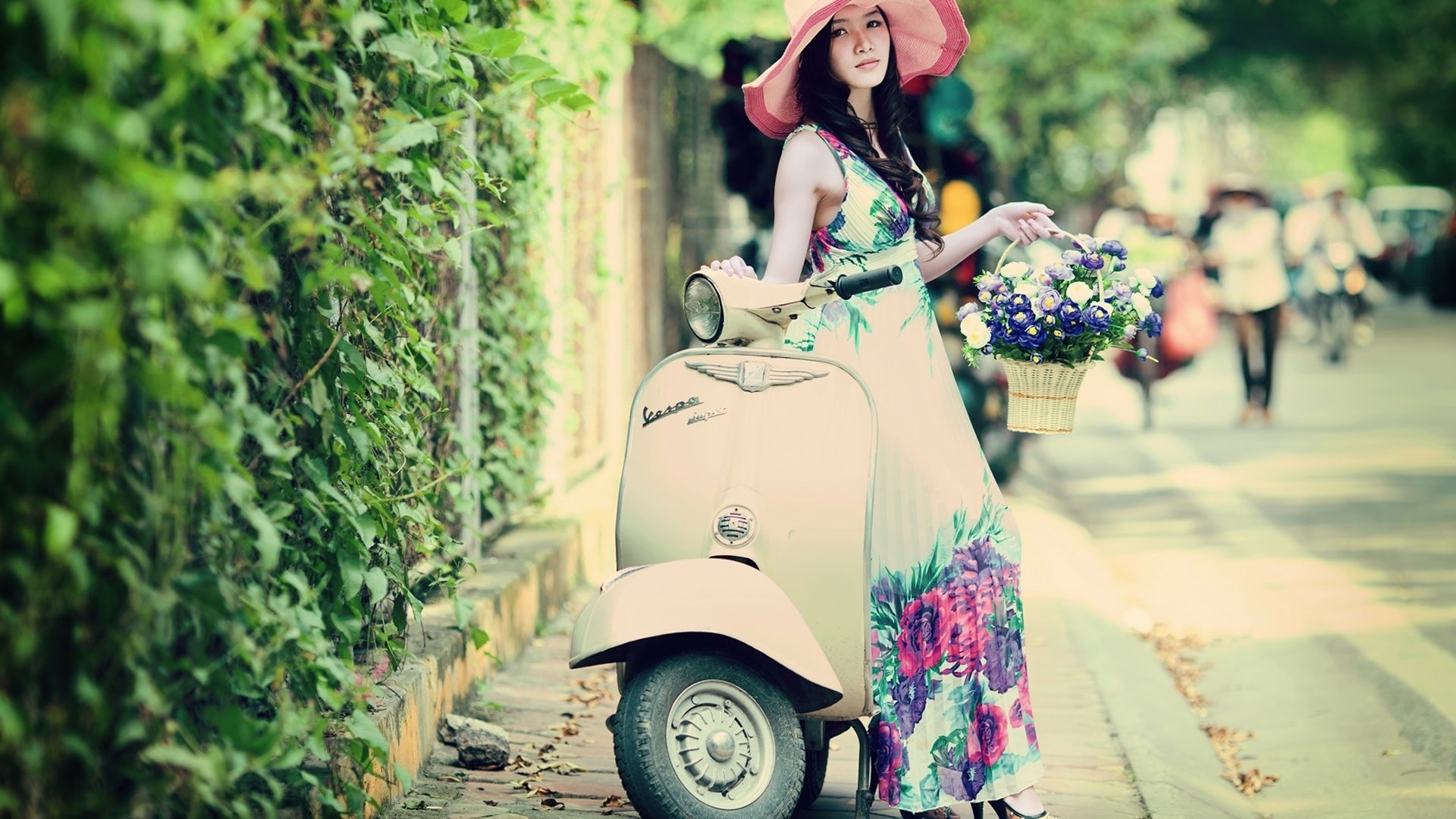 Women Model Asian Women With Hats Women With Bikes Flower Dress Flowers Women Outdoors Brunette Port 1920x1080