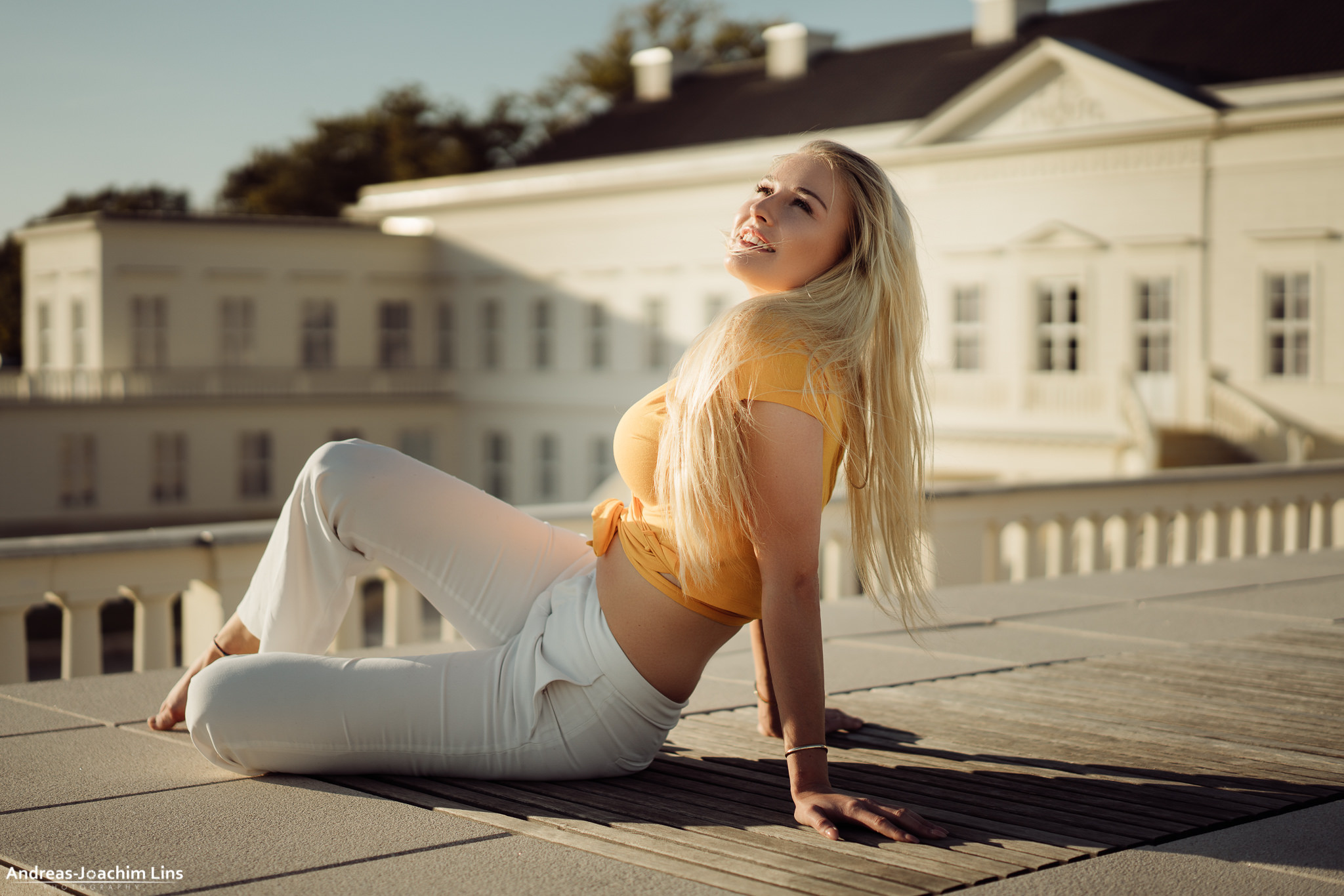 Andreas Joachim Lins Women Model Portrait Outdoors Crop Top Sitting Blonde Smiling Looking Into The  2048x1366