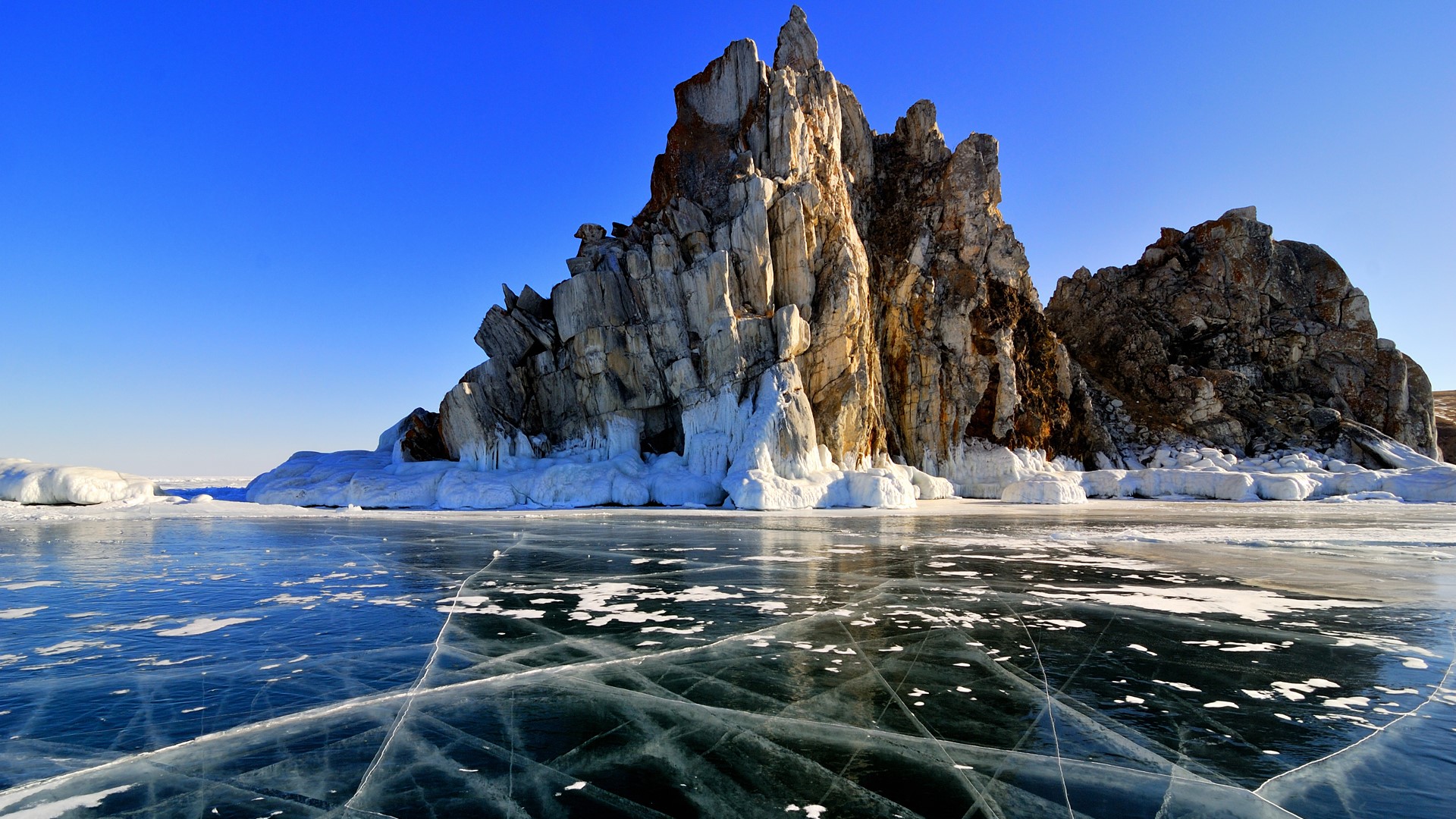 Nature Landscape Rocks Ice Clear Sky Lake Lake Baikal Russia 1920x1080