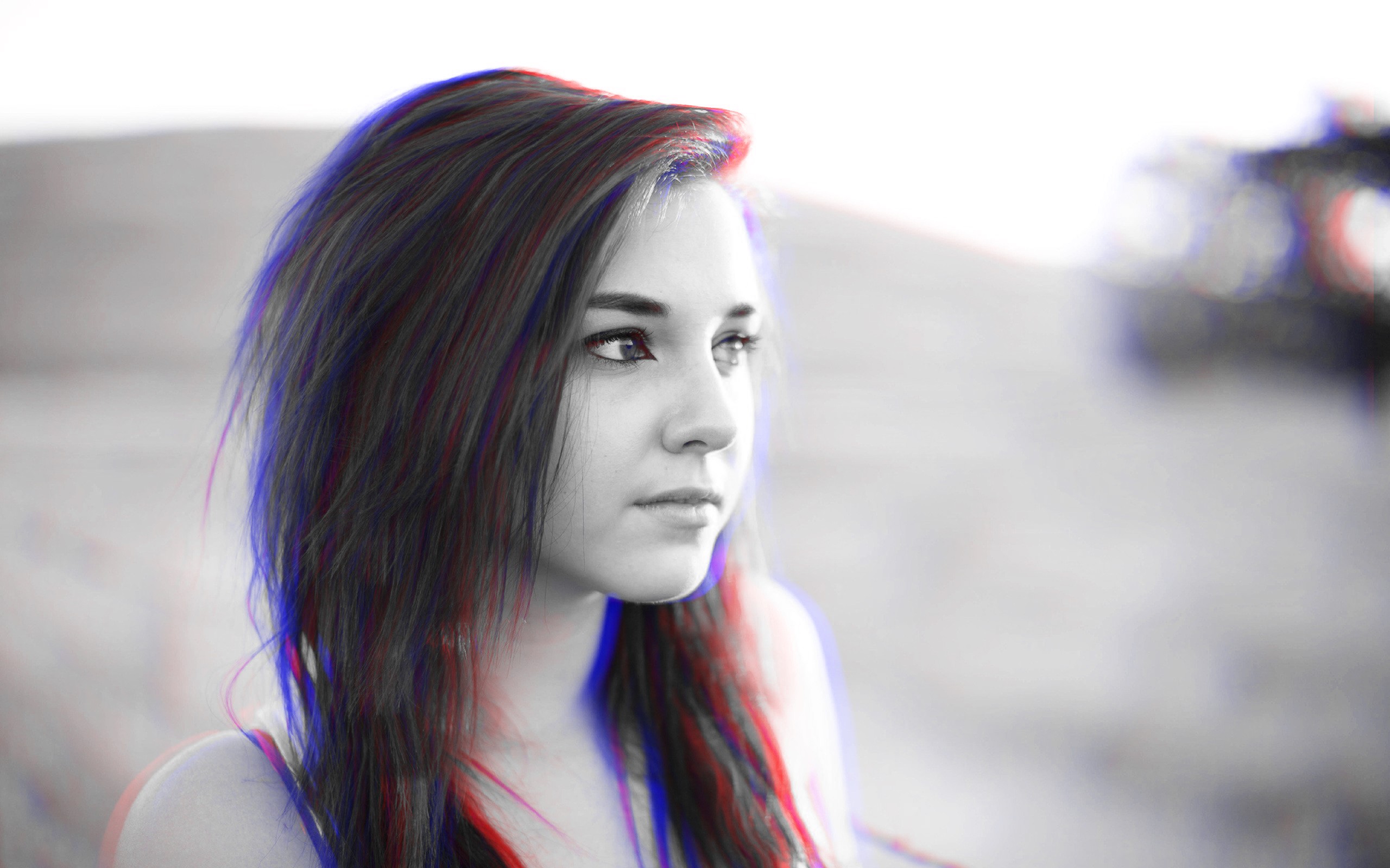 Anaglyph 3D 3D Women Monochrome Face 2560x1600