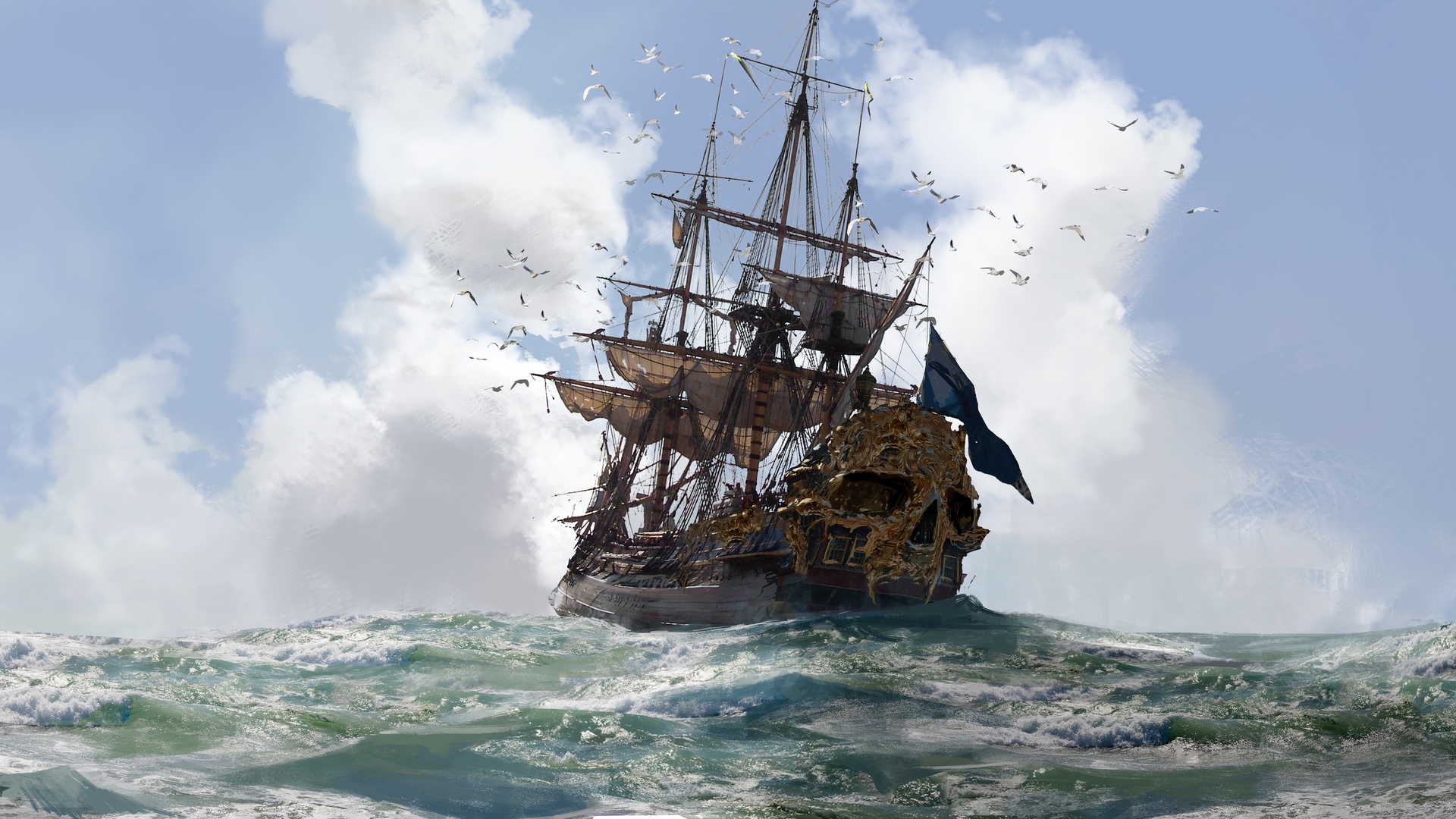 Video Games Skull Bones Ship Pirates Sea Water Skull 1920x1080