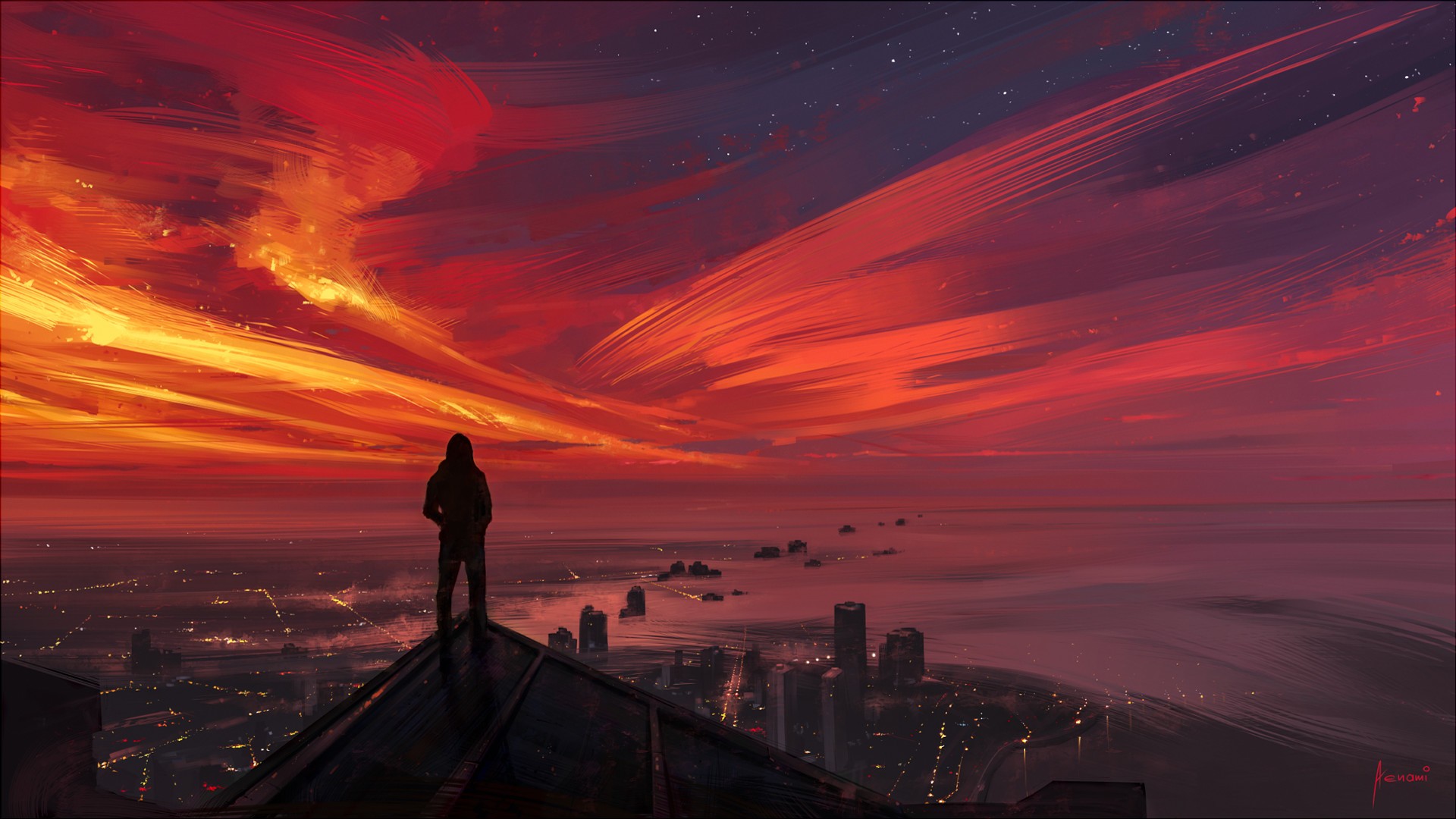 Looking Into The Distance Cityscape Painting Sunset Sky Dark Sunlight Horizon Aenami 1920x1080