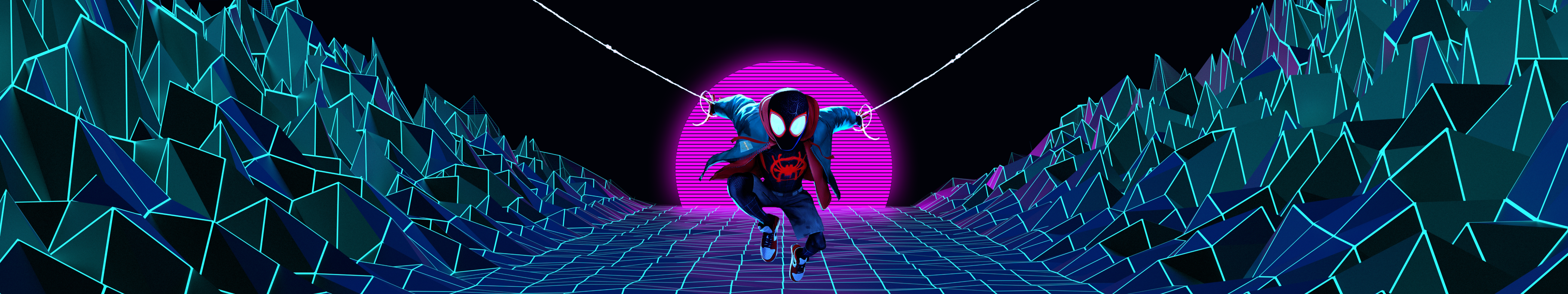 Wide Angle Multiple Display Neon Synthwave Spider Man Into The Spiderverse 5760x1080