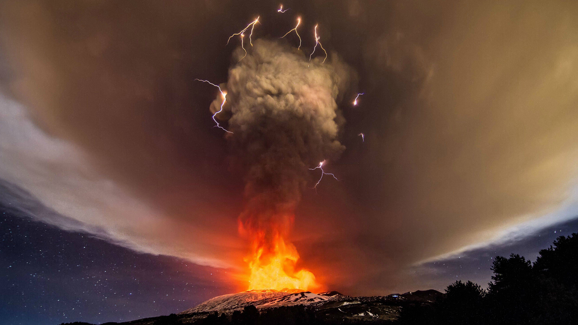 Volcanic Eruption Lava Lightning Storm Fire Smoke Sky 1920x1080