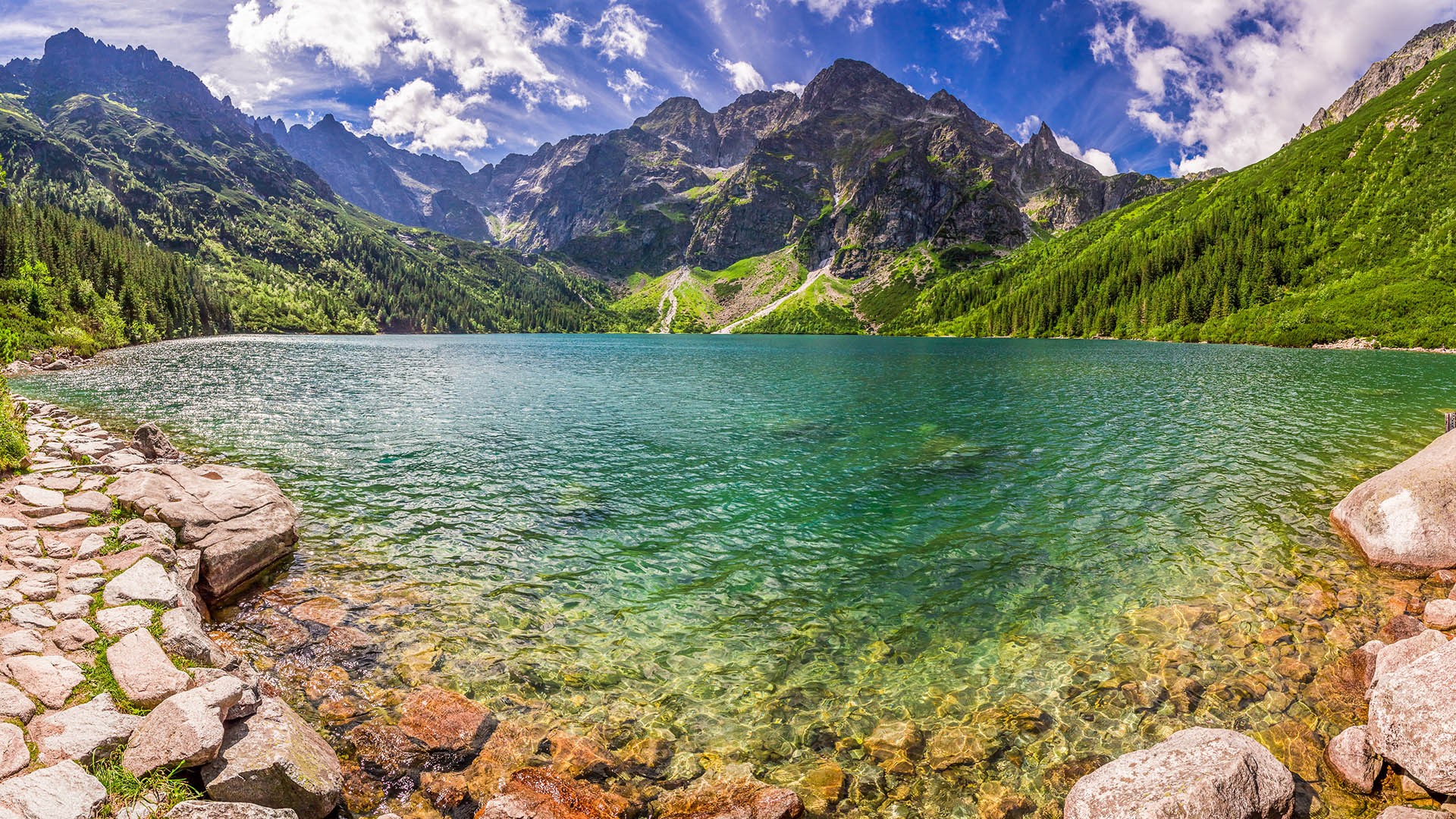 Nature Landscape Mountains Water Rocks Trees Clouds Sky Lake Water Ripples Tatra Mountains Poland Cl 1920x1080