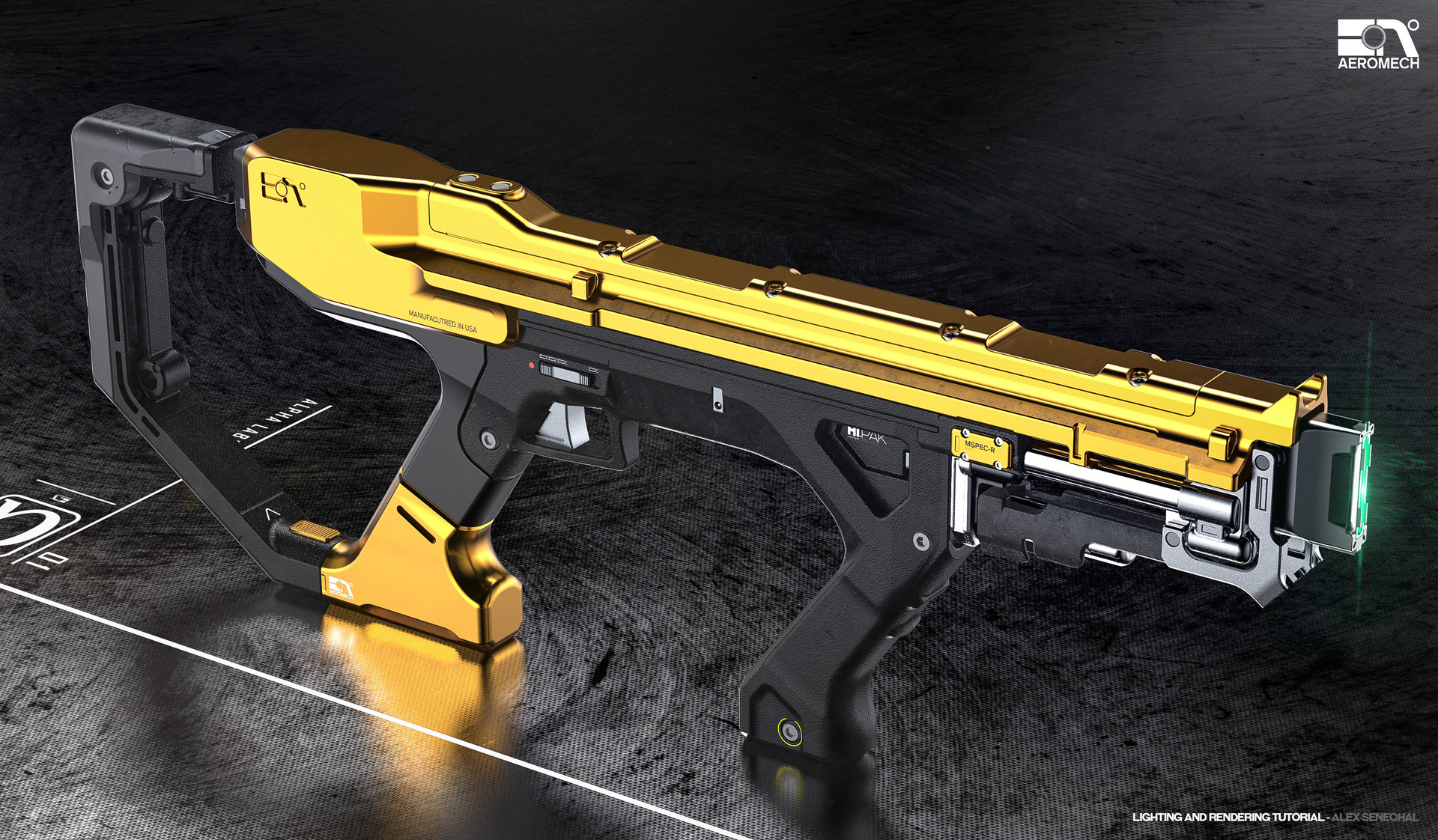 Weapon Futuristic Gun Black Background SMG Gold 3D Alex Senechal 1920x1122