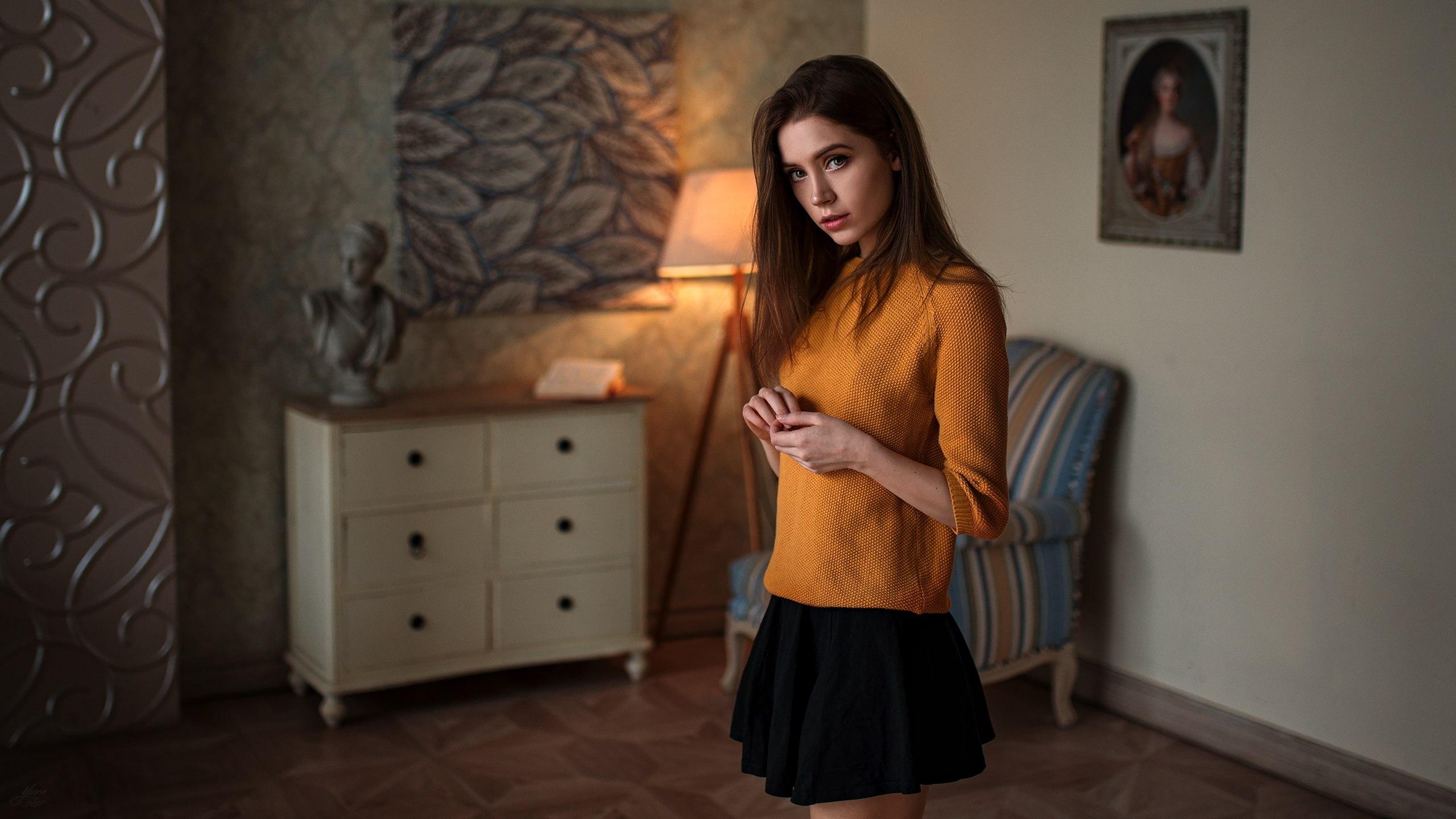 Women Model Brunette Room Ksenia Kokoreva Black Skirts Yellow Sweater Women Indoors Long Hair Living 2560x1440