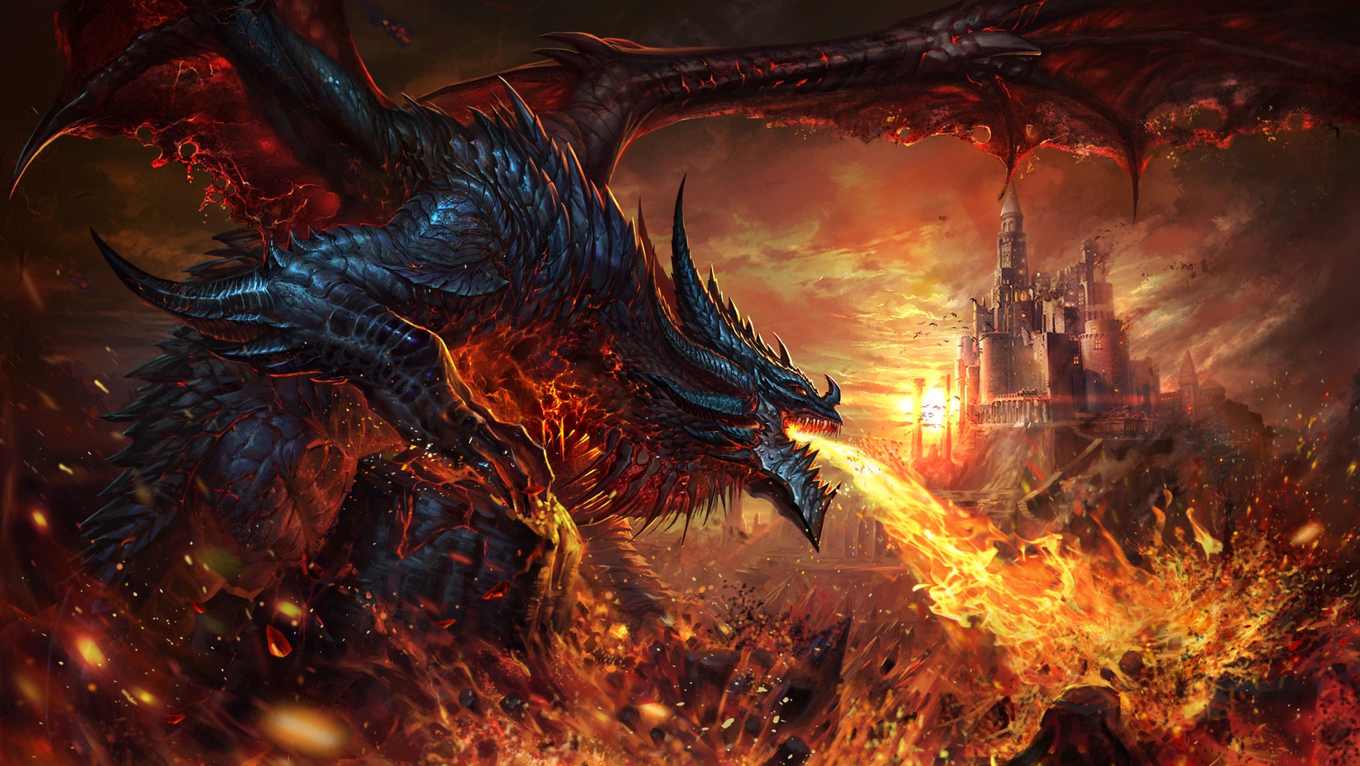 Fantasy Art Fire Dragon Creature Artwork Castle World Of Warcraft Cataclysm Deathwing 1920x1082