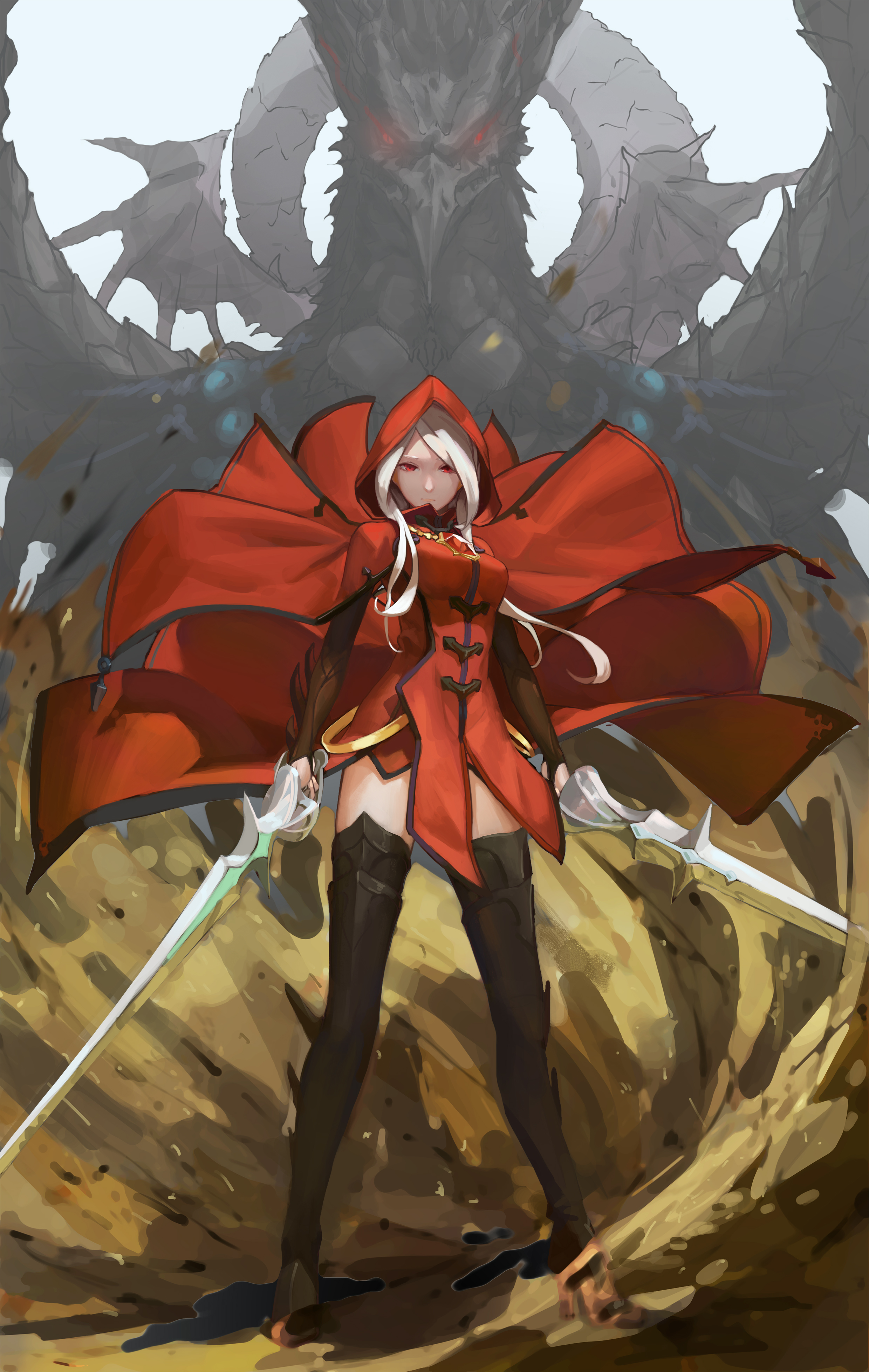 Dragon Nest Video Games Anime Girls Anime Hoods Cape Red Clothing Dress White Hair Looking At Viewer 2480x3912