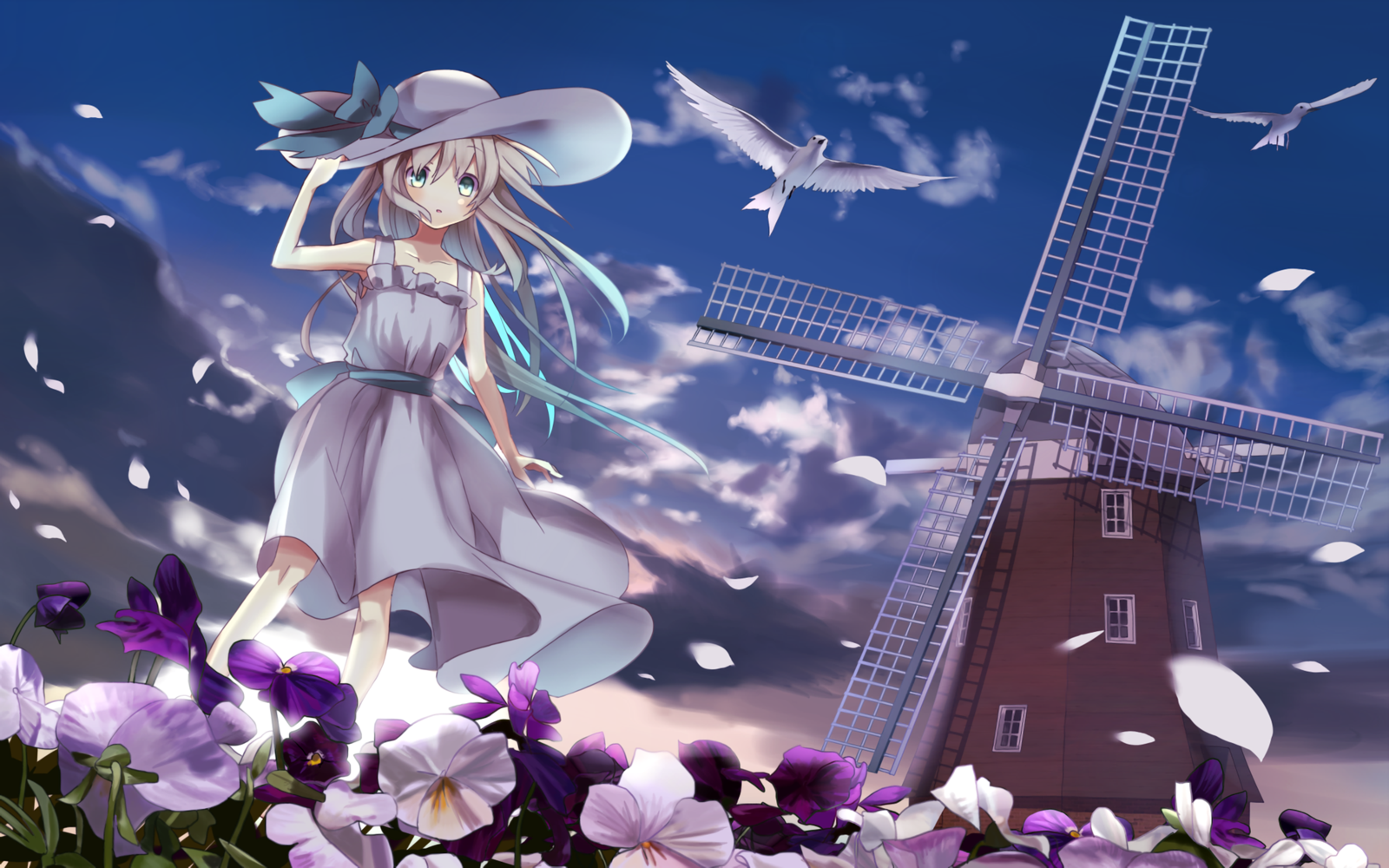 Anime Anime Girls Flowers Dress Hat Windmill Original Characters Flower Petals 1600x1000