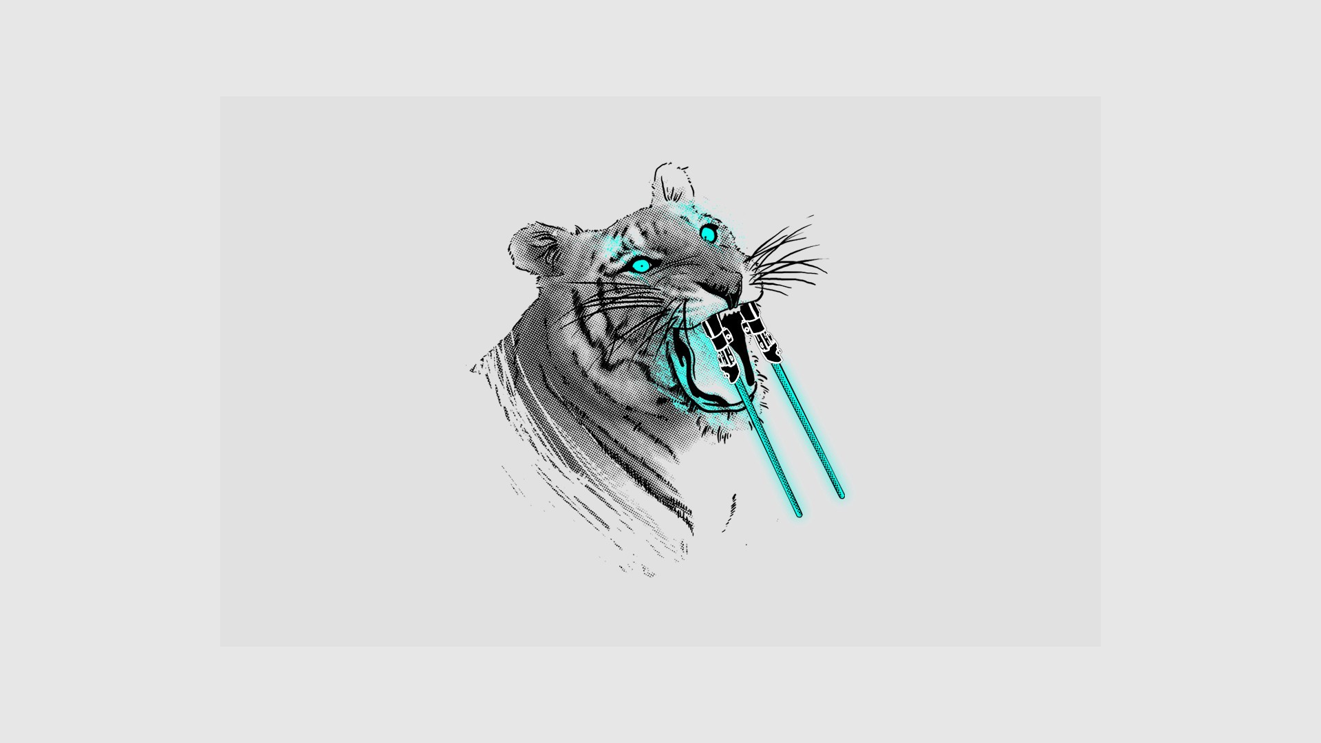 Animals Artwork Minimalism Tiger Cyan White Background Humor Lightsaber Sabertooth 1920x1080