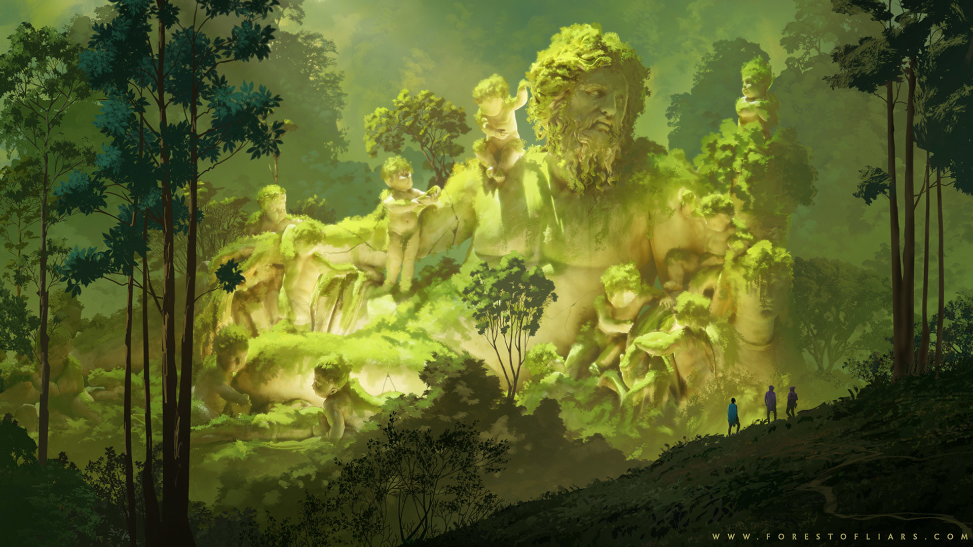 Sylvain Sarrailh Forest Of Liars Forest Statue Giant Trees Ruins Artwork Video Game Art Digital Art 1920x1080