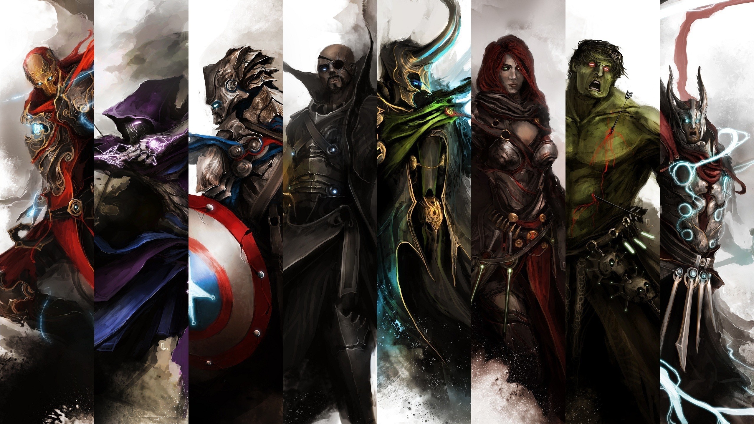 The Avengers Iron Man Thor Hulk Black Widow Captain America Hawkeye Nick Fury Loki Lineups 2560x1440