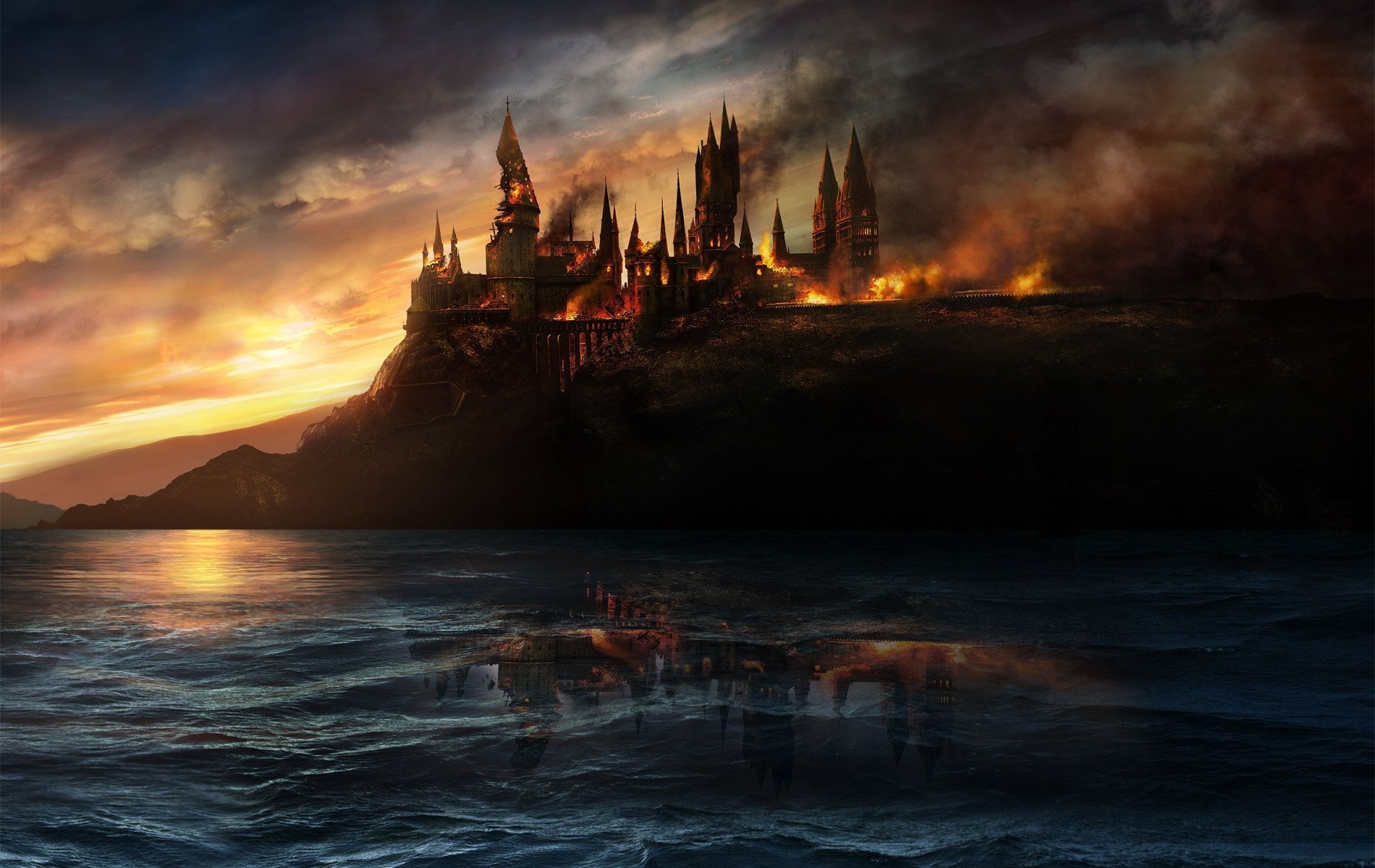 Hogwarts Destruction Fire Castle Fantasy Art Sea Clouds Reflection Harry Potter And The Deathly Hall 1900x1200