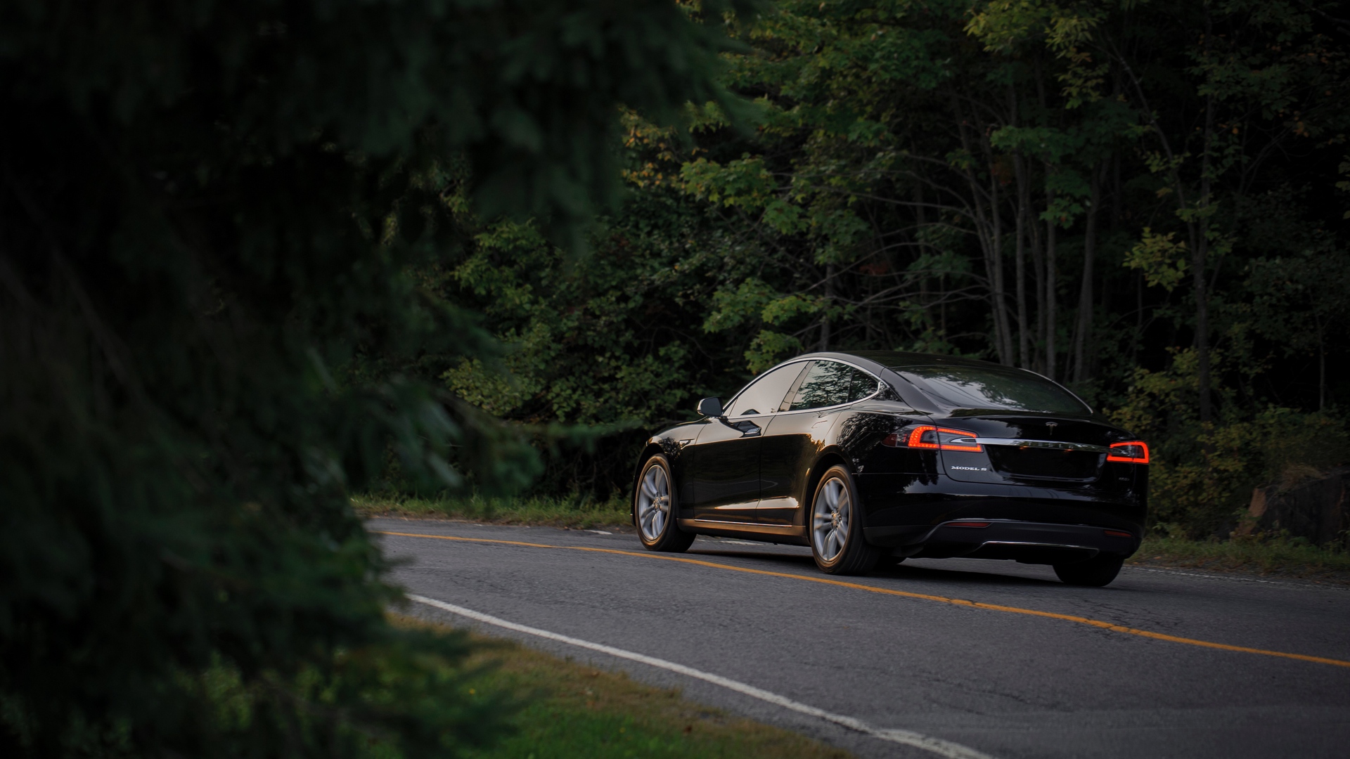 Tesla Black Cars Trees Road Car 1920x1080