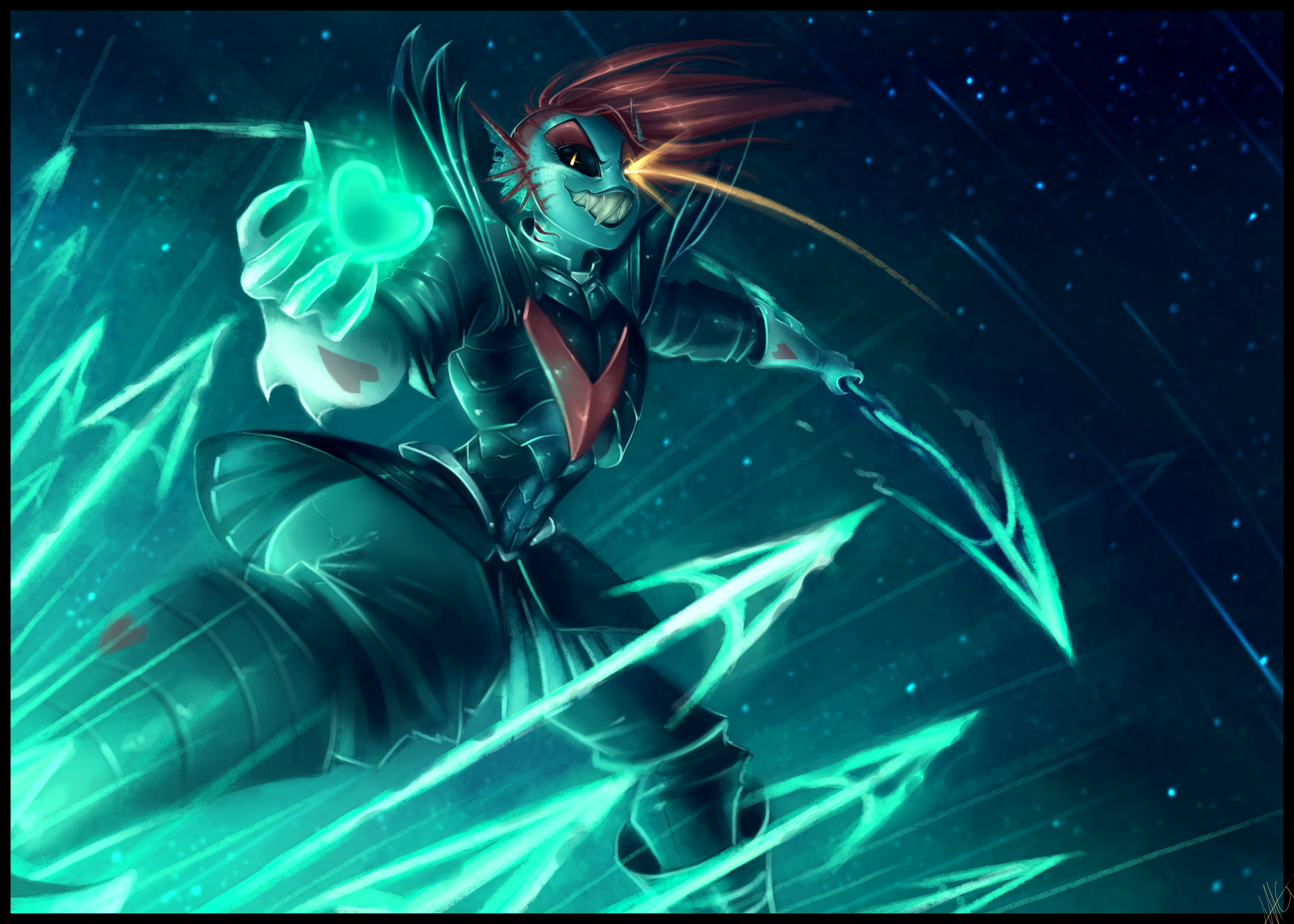Undyne Undertale Undyne The Undying Undertale Undertale Red Hair Heart Armor Boots Teeth Smile Weapo 7833x5596