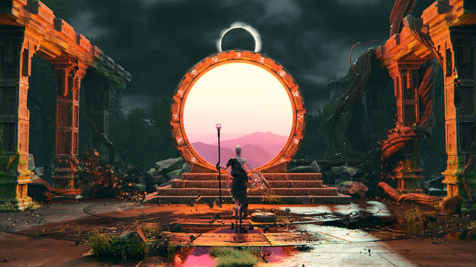 Digital Art Fantasy Art Artwork Stargate Ruins Pillar Circle Eclipse Solar Eclipse Clouds Storm Edua 1920x1080