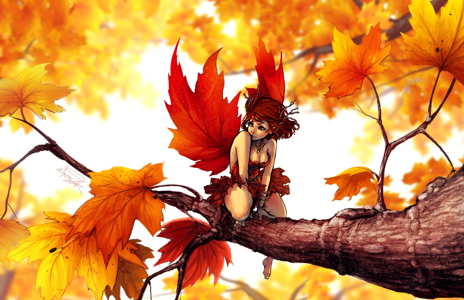 Artwork Fantasy Art Digital Art Fairies Leaves Maple Leaves Trees 1920x1242