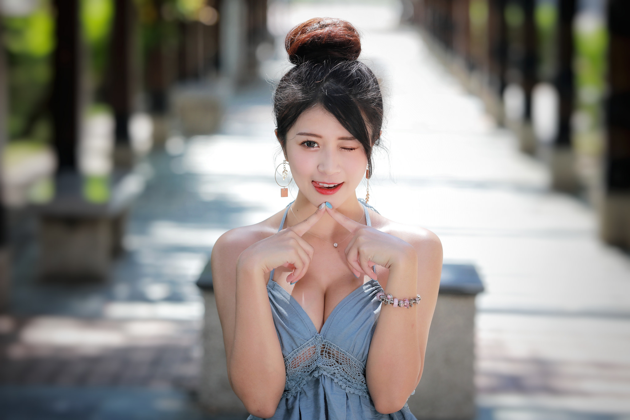 Women Model Asian Brunette Wink Lin Jiayi Smiling Portrait Dress Depth Of Field Outdoors Women Outdo 2048x1365