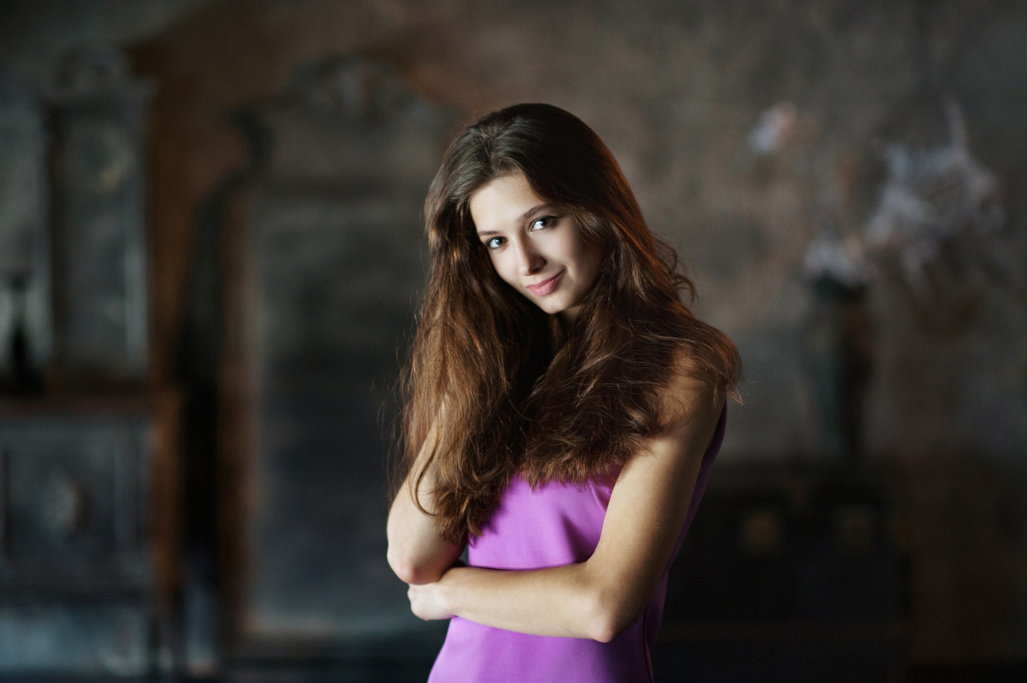 Women Portrait Face Catherine Shmeleva Maxim Maximov Violet Dress Smiling Brunette Long Hair Russian 2048x1363