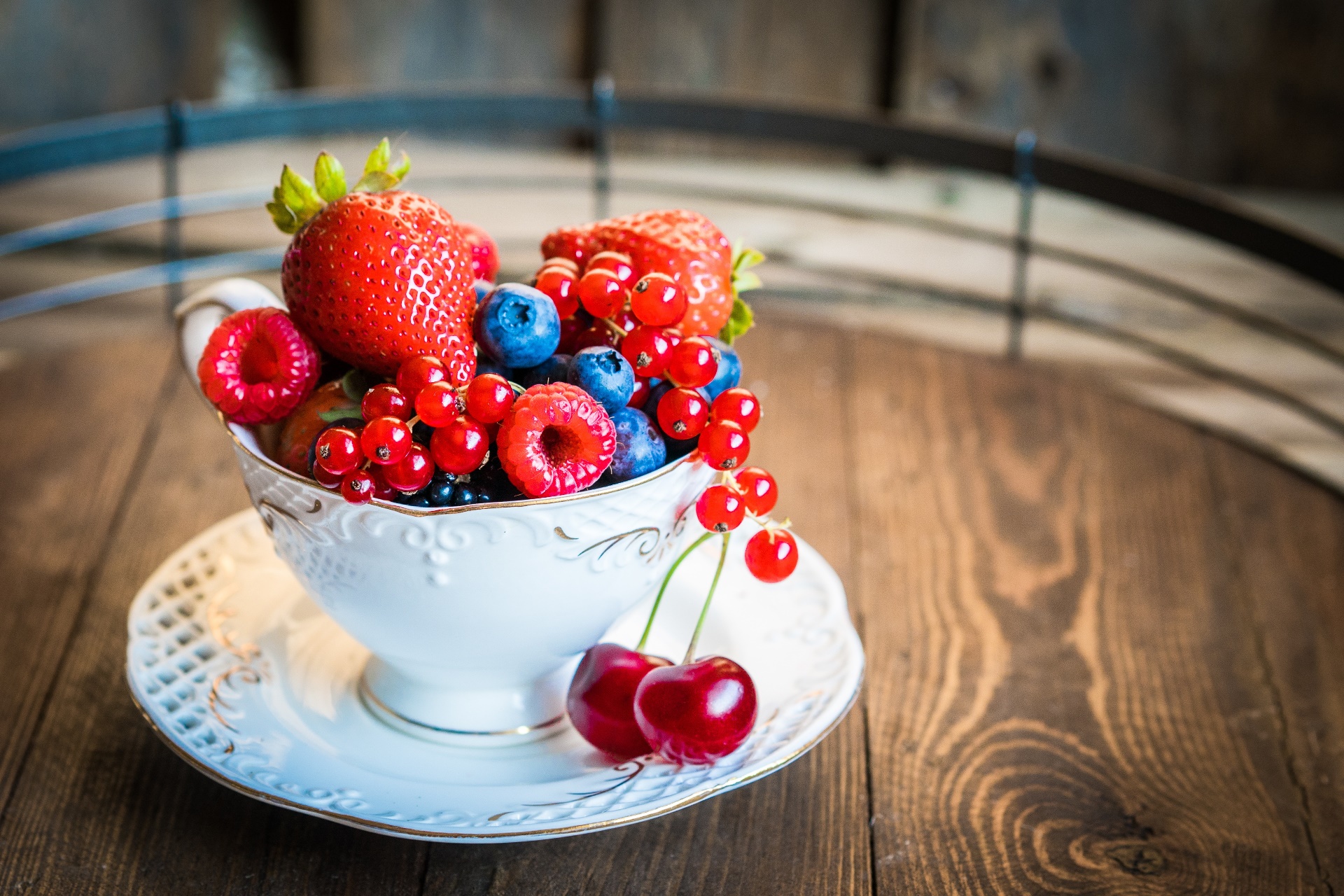 Colorful Cup Food Fruit Berries Strawberries Blueberries Red Currant Cherries Saucer Wooden Surface 1920x1280