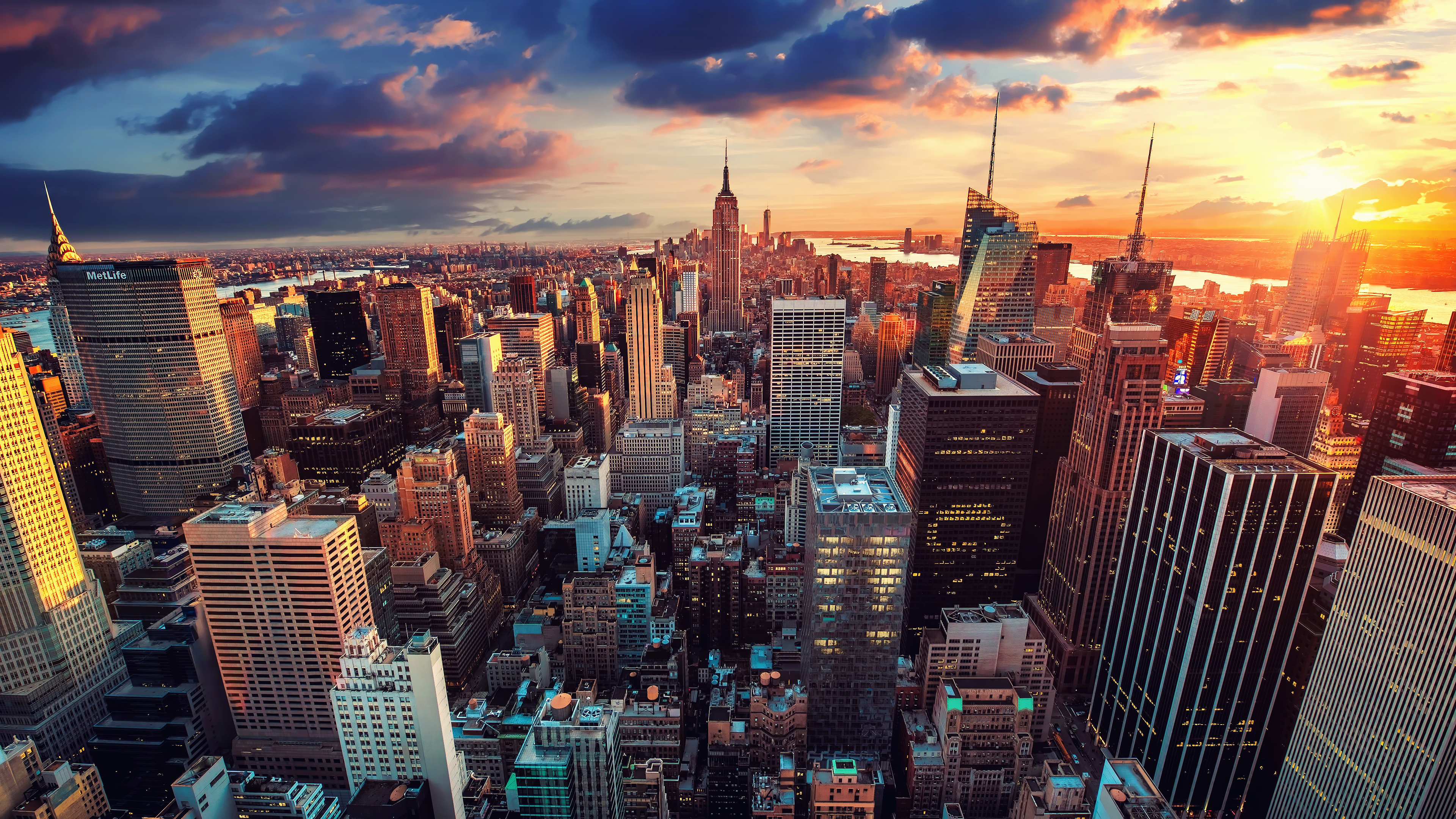 Cityscape Sunlight Sunset Landscape Architecture Clouds New York City Manhattan Skyscraper Aerial Vi 3840x2160