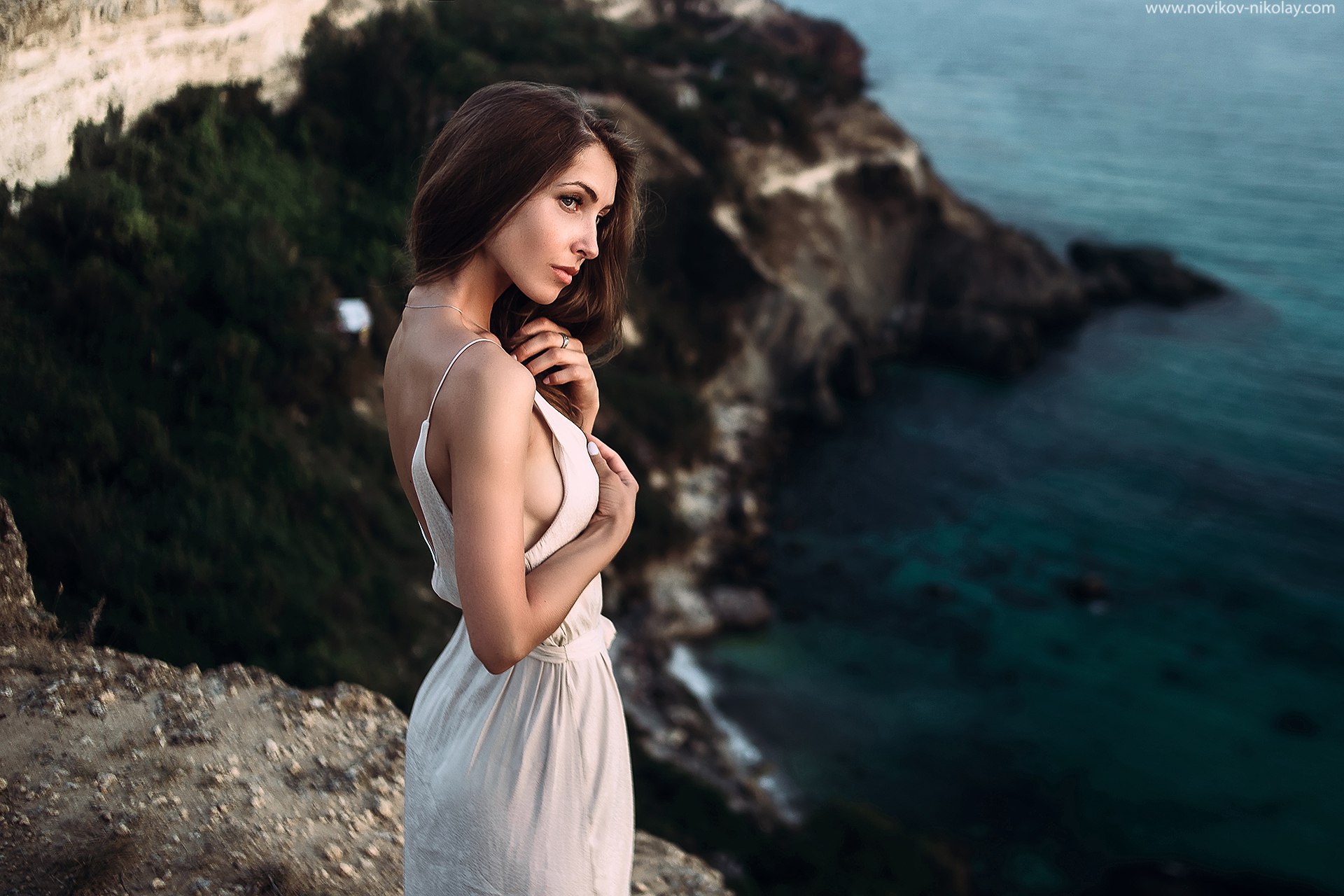 Nikolay Novikov Brunette Women Outdoors Model Women Depth Of Field Dress Bare Shoulders Profile Port 1920x1280